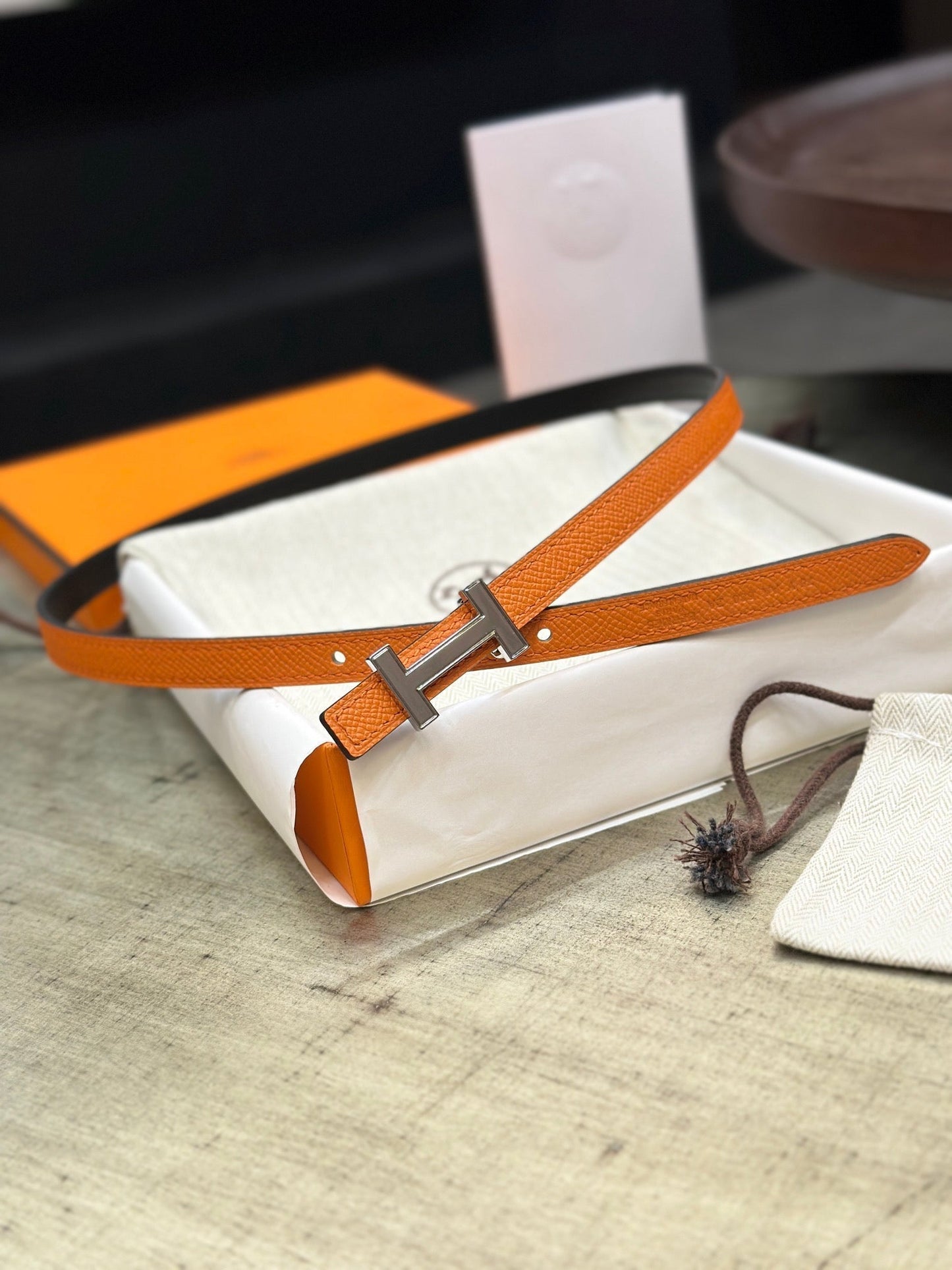 HM FOCUS BUCKLE & REVERSIBLE ORANGE AND BLACK LEATHER STRAP 13MM SILVER HARDWARE - 30