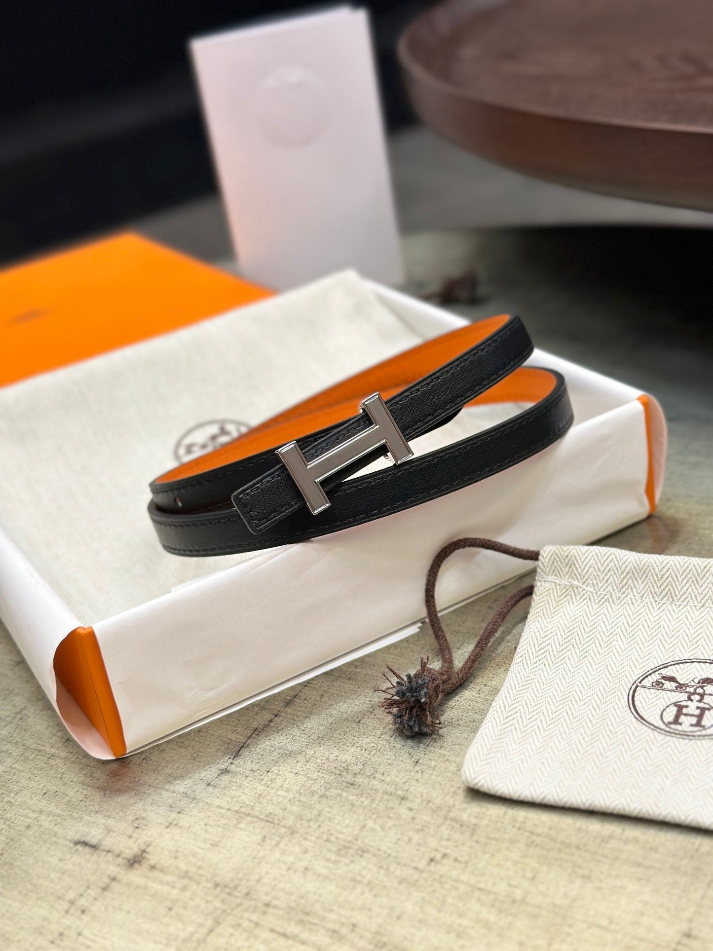 HM FOCUS BUCKLE & REVERSIBLE ORANGE AND BLACK LEATHER STRAP 13MM SILVER HARDWARE - 30