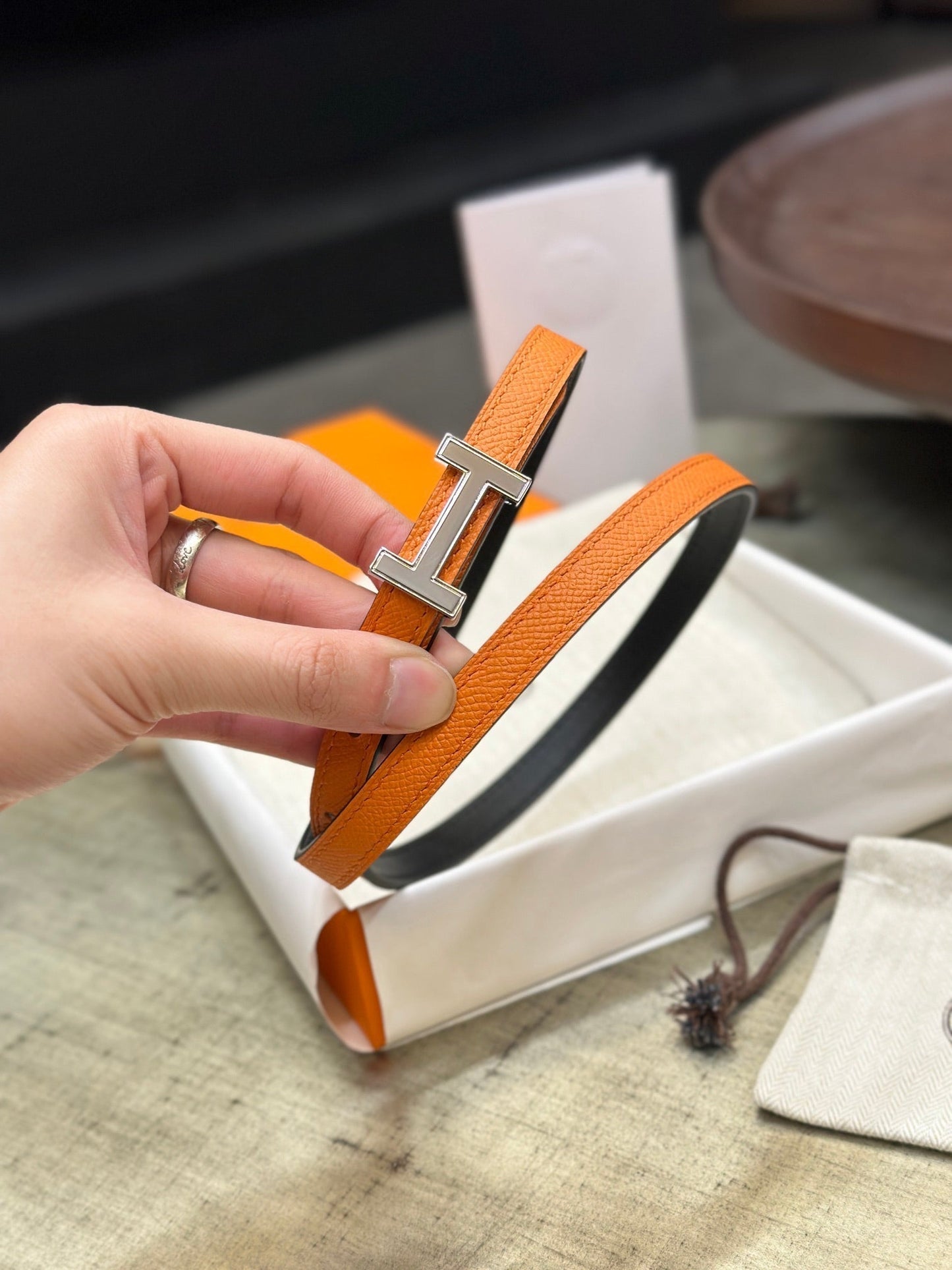 HM FOCUS BUCKLE & REVERSIBLE ORANGE AND BLACK LEATHER STRAP 13MM SILVER HARDWARE - 30