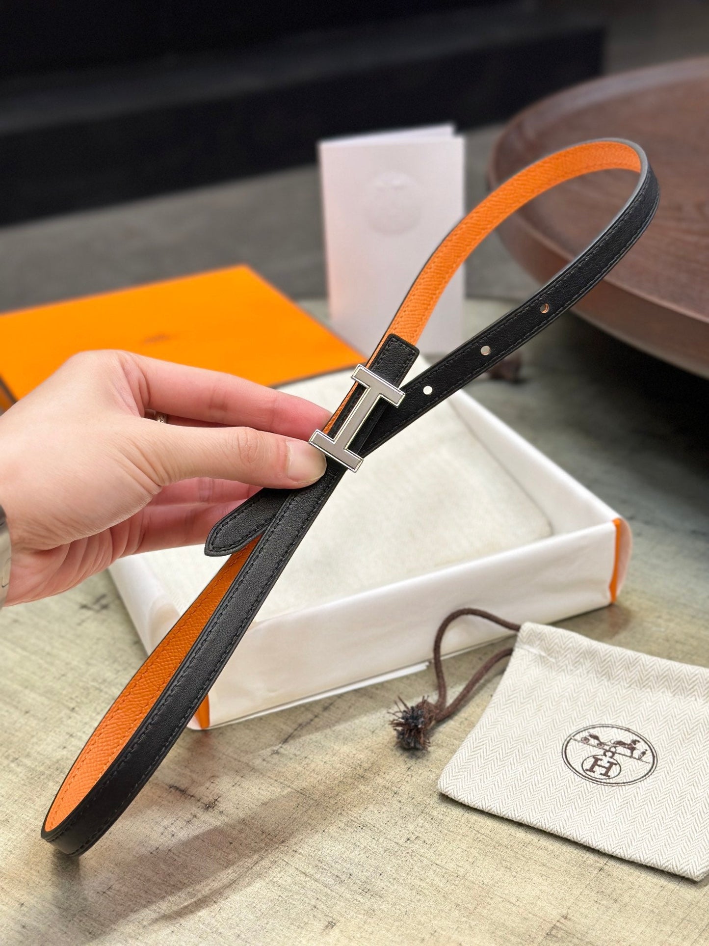 HM FOCUS BUCKLE & REVERSIBLE ORANGE AND BLACK LEATHER STRAP 13MM SILVER HARDWARE - 30