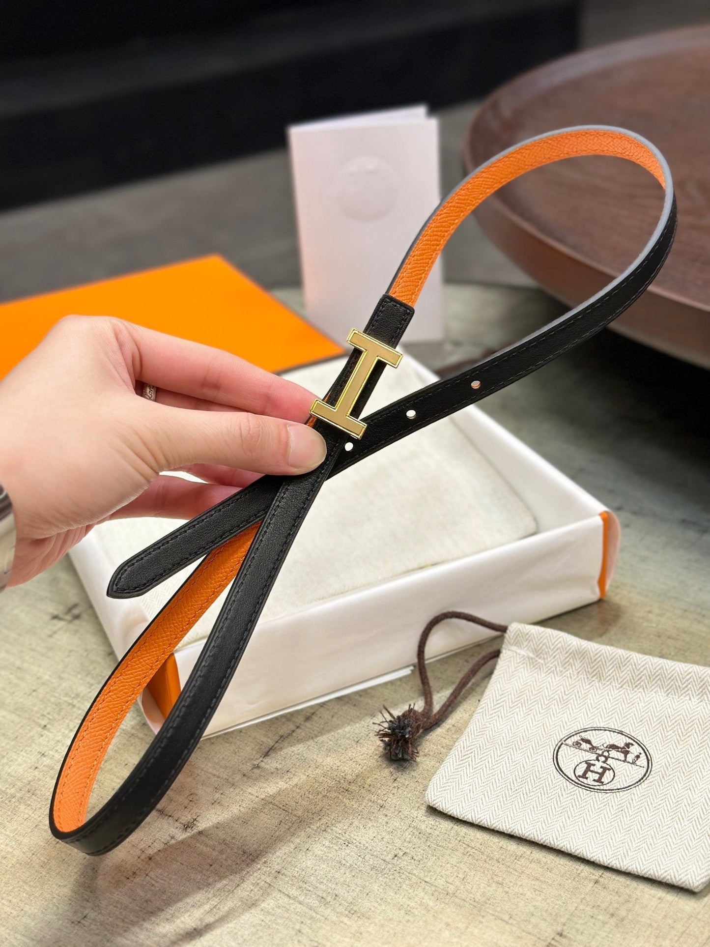 HM FOCUS BUCKLE & REVERSIBLE BLACK AND ORANGE LEATHER STRAP 13MM GOLD HARDWARE - 30