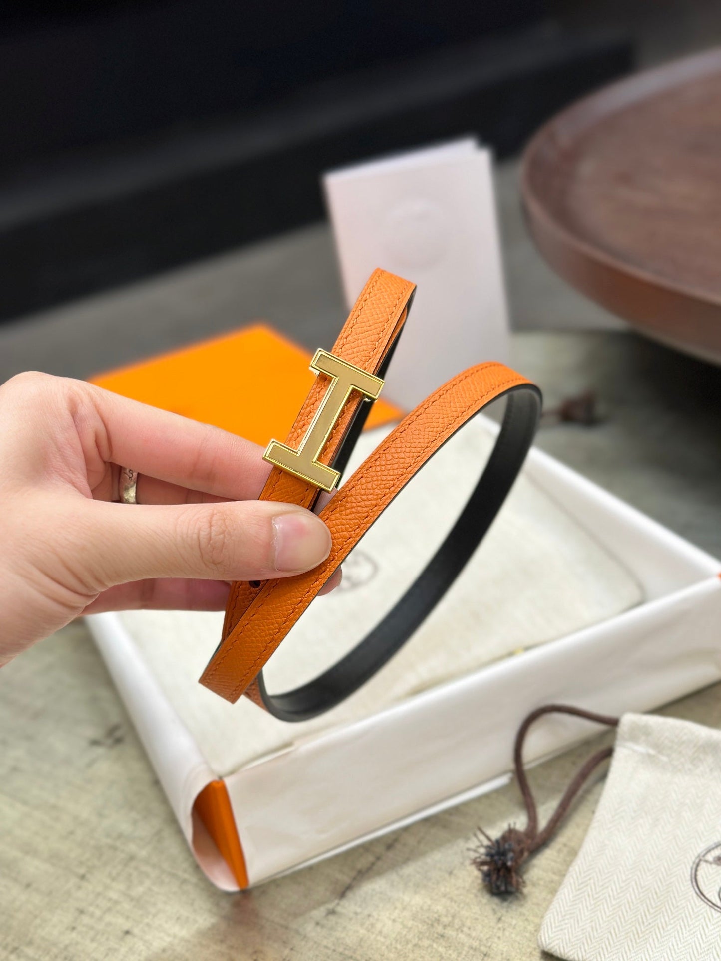 HM FOCUS BUCKLE & REVERSIBLE BLACK AND ORANGE LEATHER STRAP 13MM GOLD HARDWARE - 30