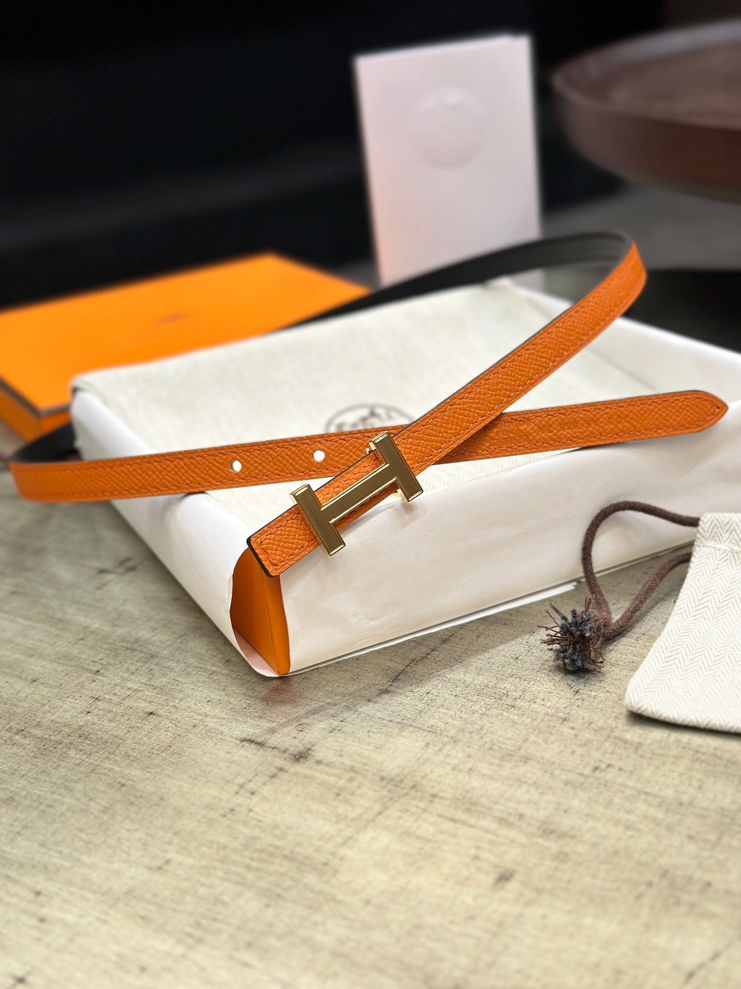 HM FOCUS BUCKLE & REVERSIBLE BLACK AND ORANGE LEATHER STRAP 13MM GOLD HARDWARE - 30