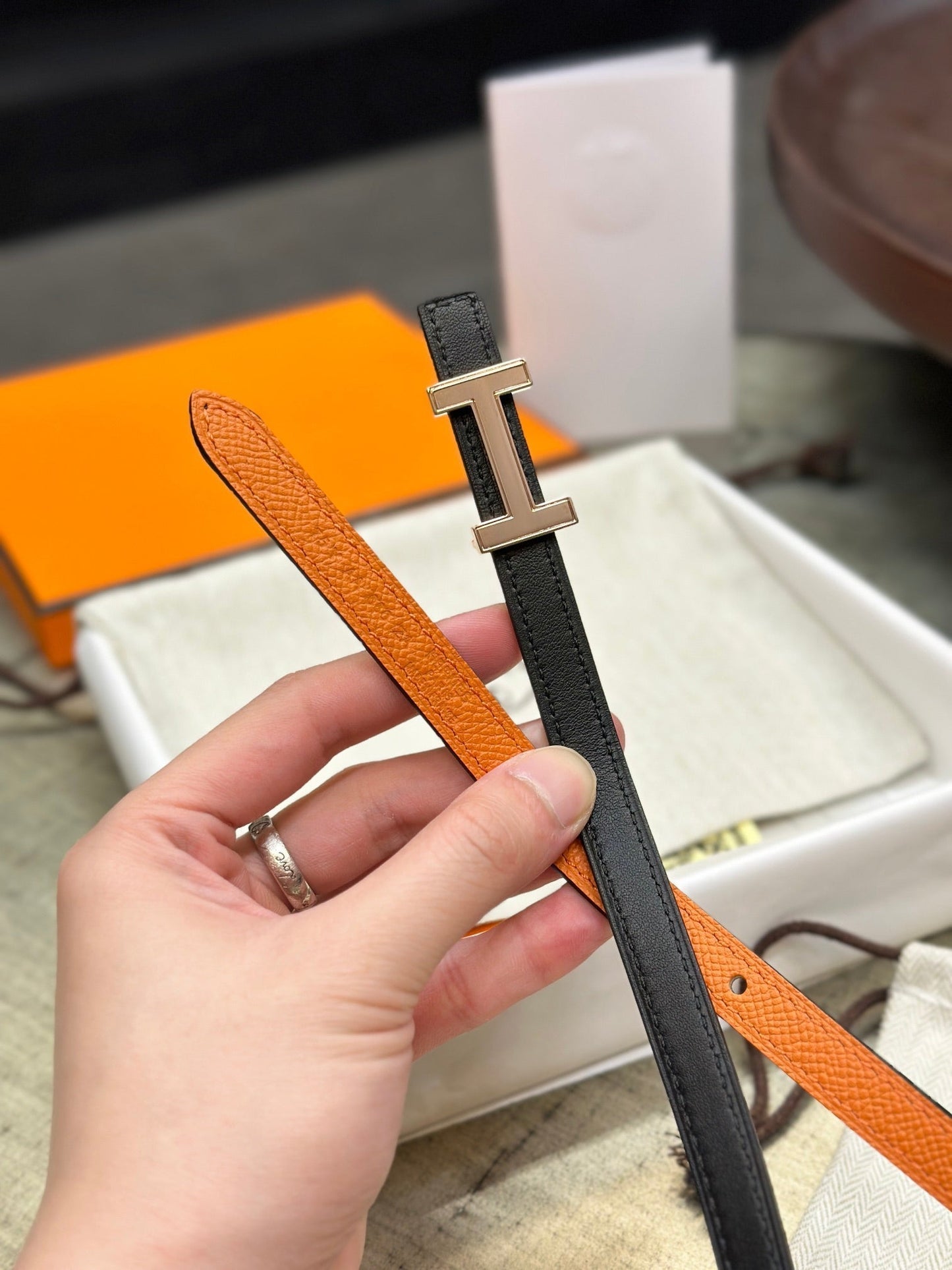 HM FOCUS BUCKLE & REVERSIBLE BLACK AND ORANGE LEATHER STRAP 13MM COPPER HARDWARE - 30