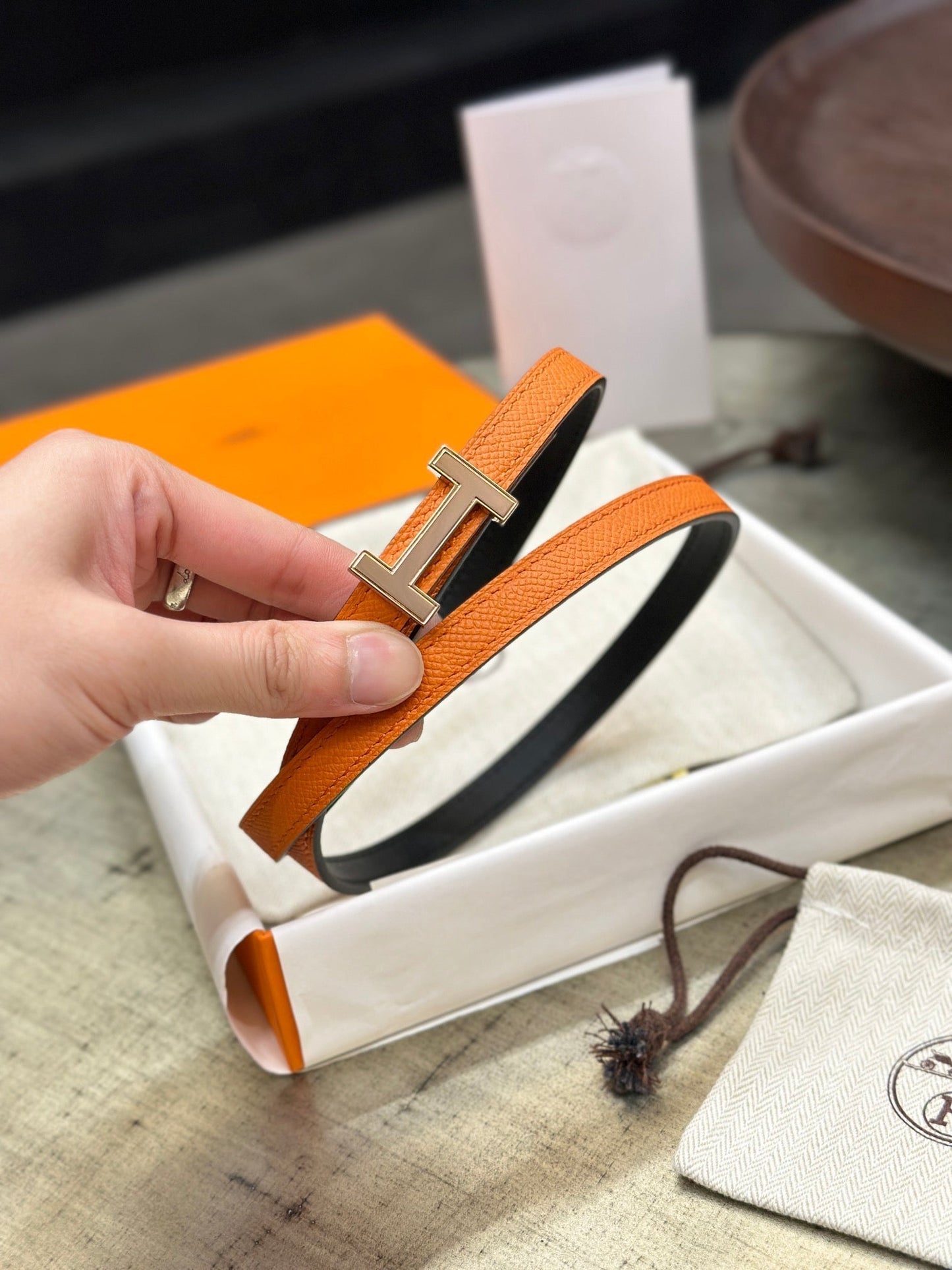 HM FOCUS BUCKLE & REVERSIBLE BLACK AND ORANGE LEATHER STRAP 13MM COPPER HARDWARE - 30