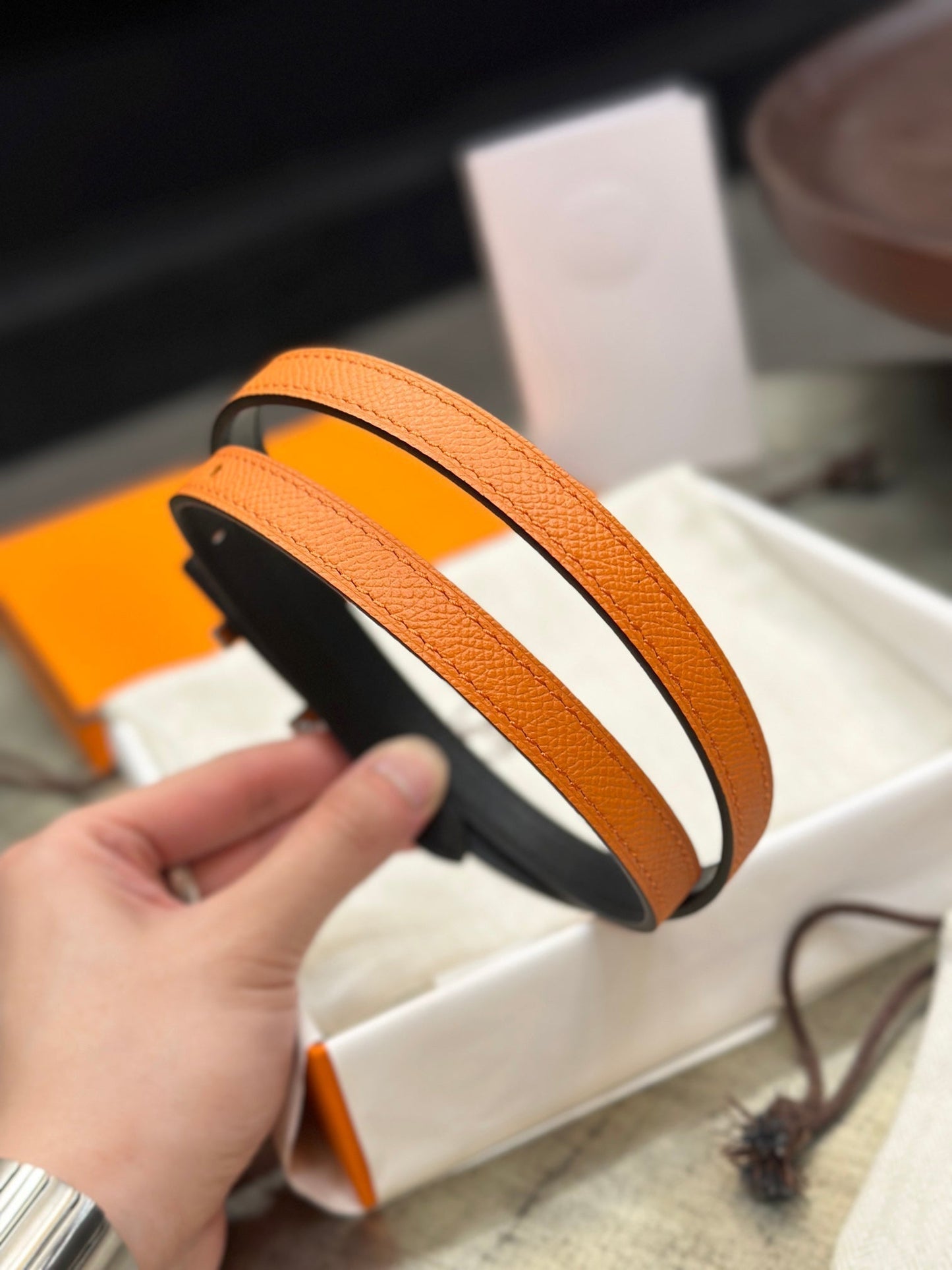 HM FOCUS BUCKLE & REVERSIBLE BLACK AND ORANGE LEATHER STRAP 13MM COPPER HARDWARE - 30