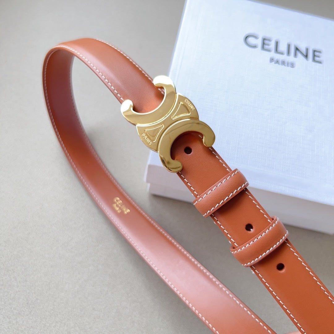 Medium Triomphe Belt 25mm Tan Calfskin White Line Finishing Ghw - 30