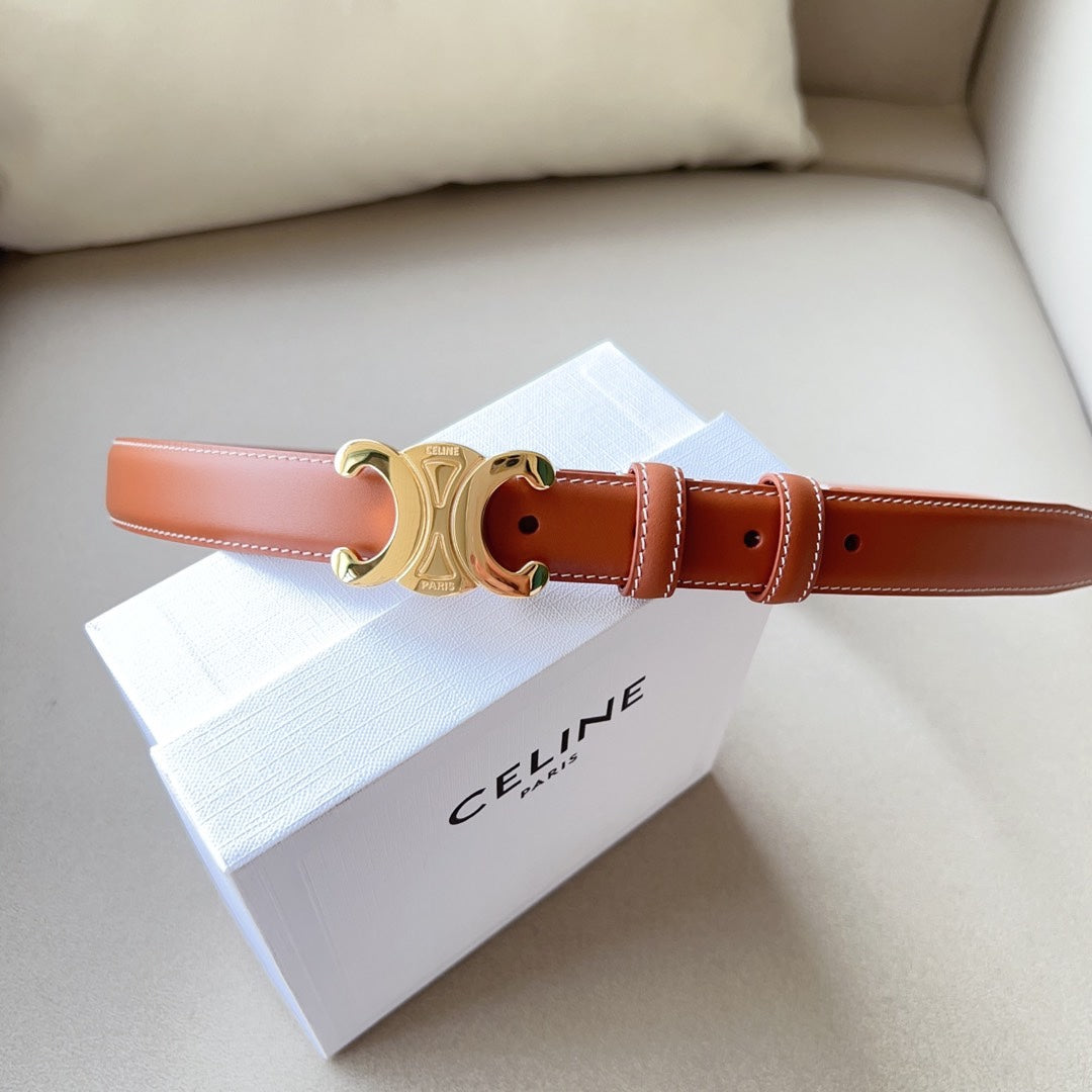 Medium Triomphe Belt 25mm Tan Calfskin White Line Finishing Ghw - 30