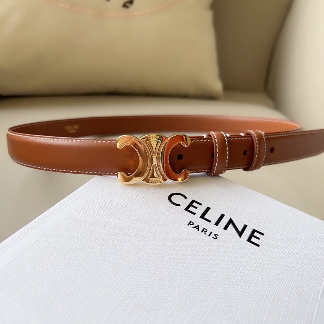 Medium Triomphe Belt 25mm Tan Calfskin White Line Finishing Ghw - 30