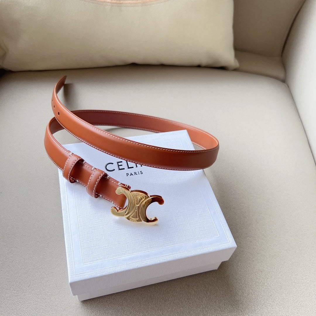 Medium Triomphe Belt 25mm Tan Calfskin White Line Finishing Ghw - 30