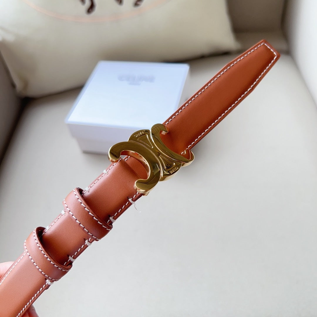 Medium Triomphe Belt 25mm Tan Calfskin White Line Finishing Ghw - 30