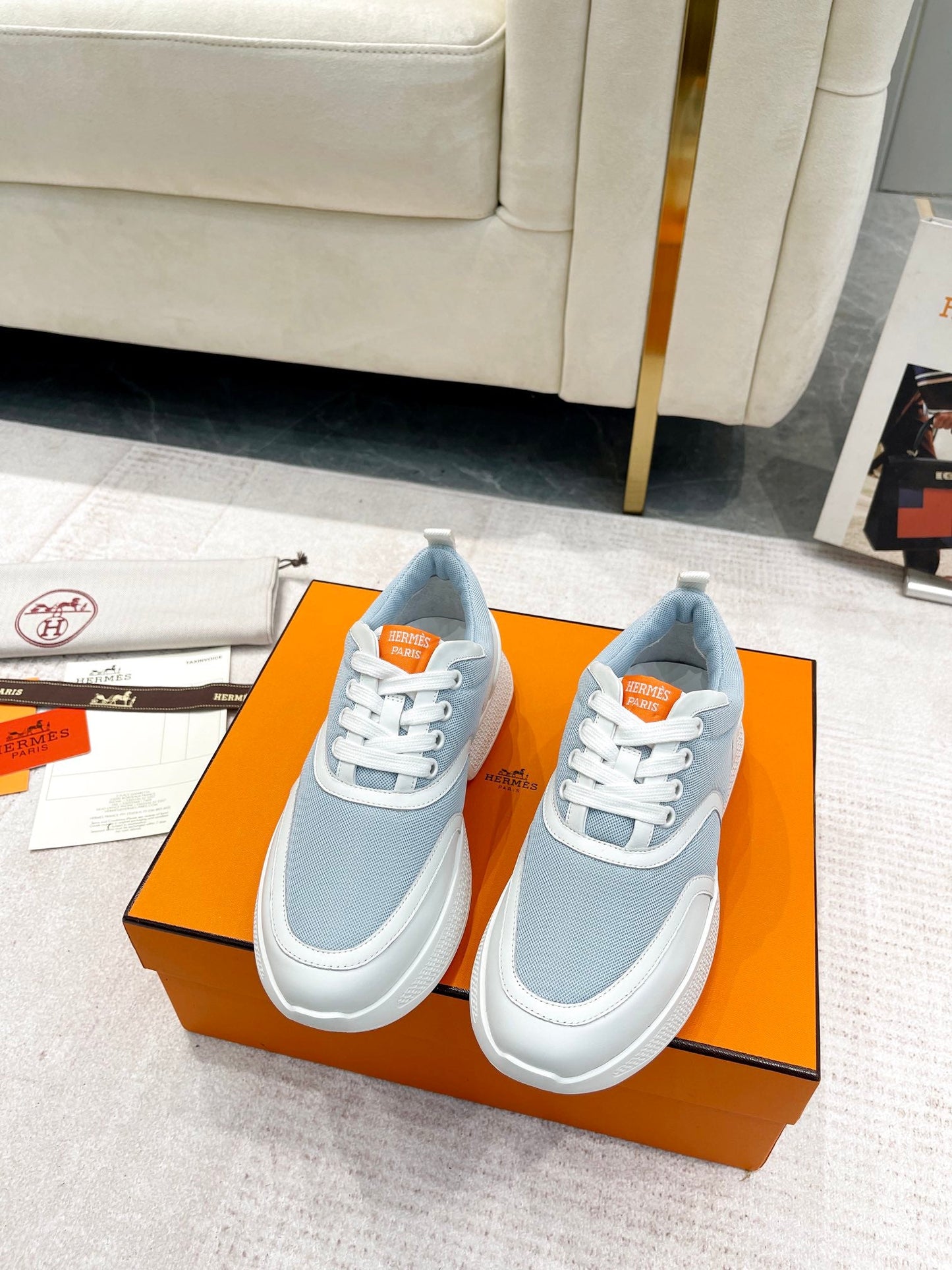 GIGA SNEAKER IN POWDER BLUE STITCHED MESH AND WHITE CALFSKIN - 35