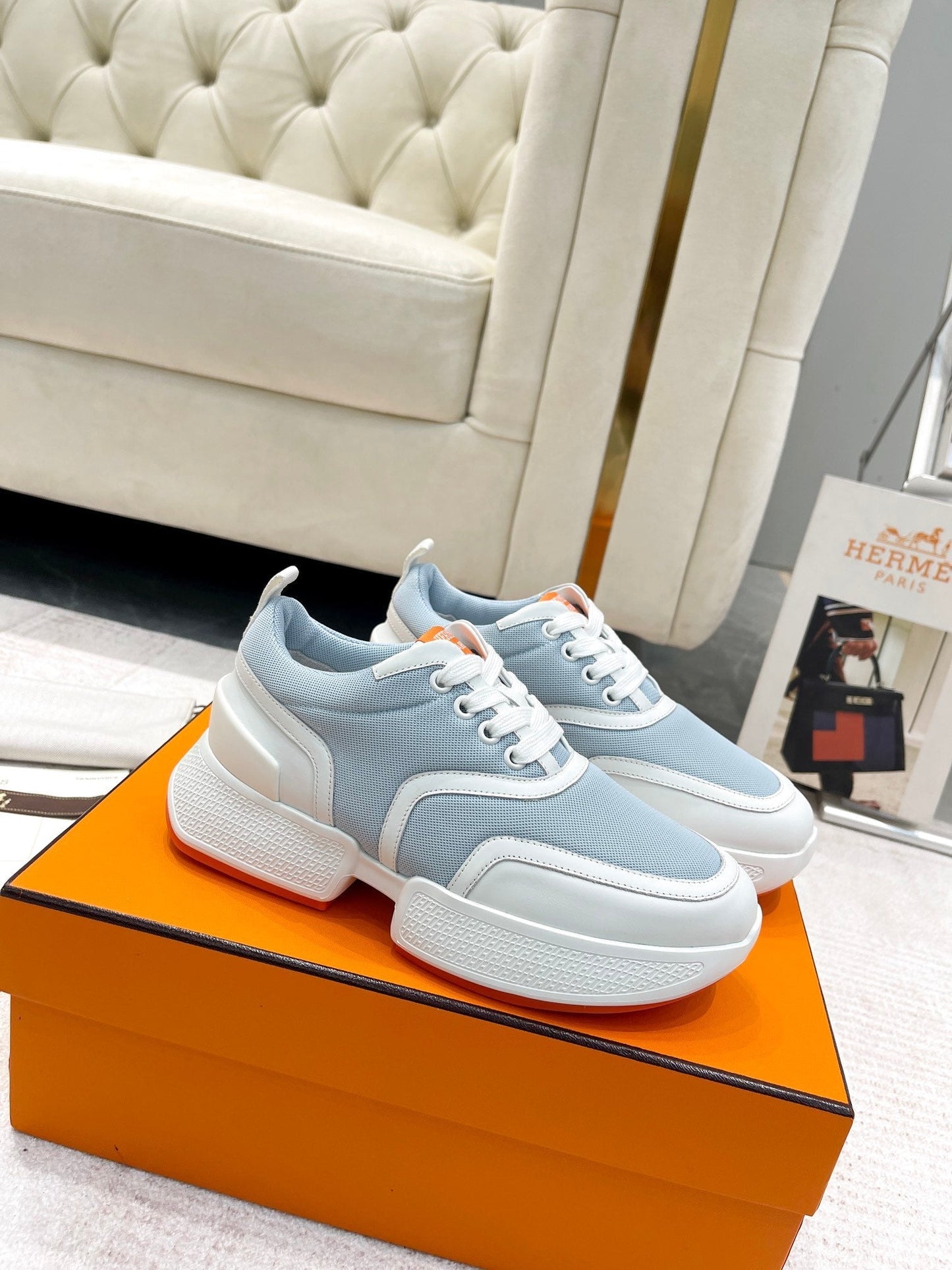 GIGA SNEAKER IN POWDER BLUE STITCHED MESH AND WHITE CALFSKIN - 35