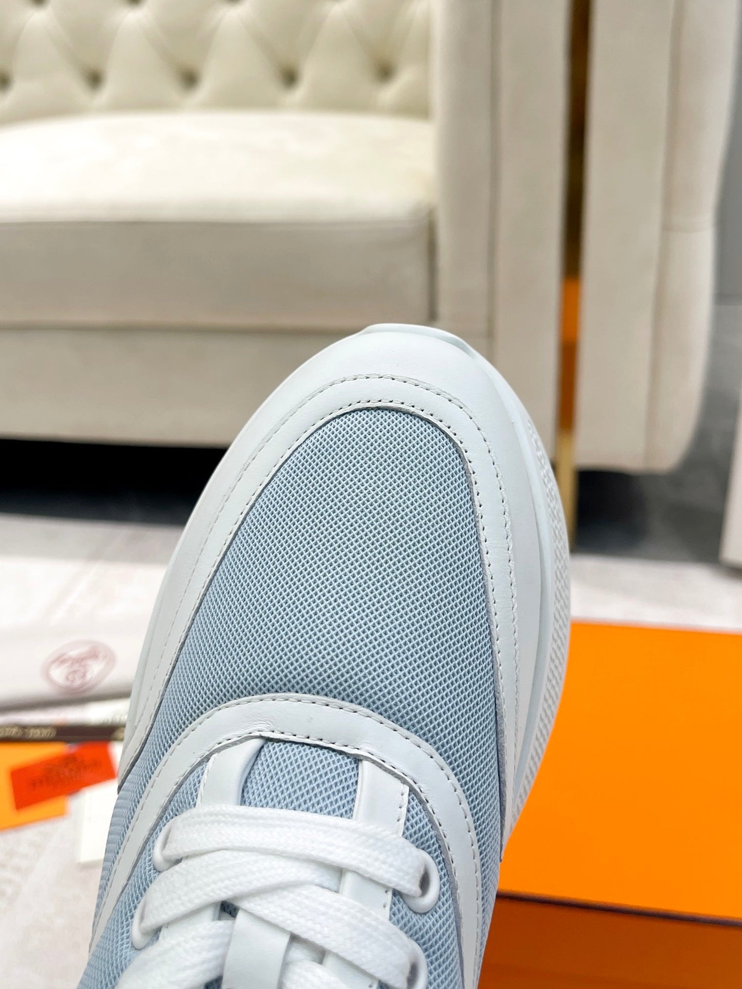 GIGA SNEAKER IN POWDER BLUE STITCHED MESH AND WHITE CALFSKIN - 35