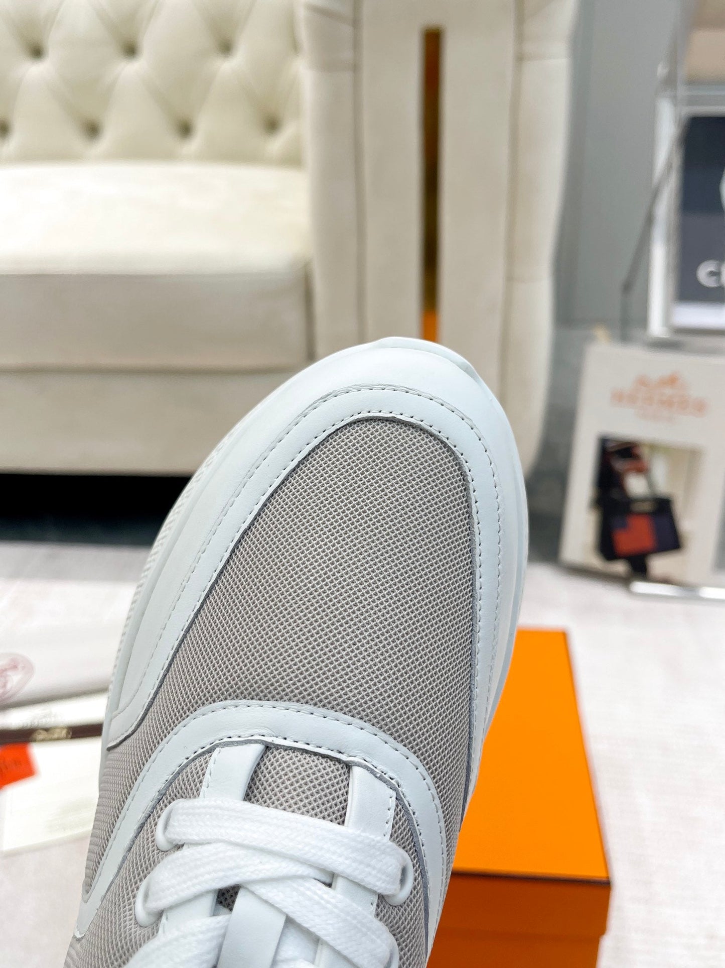 GIGA SNEAKER IN HARBOR GRAY STITCHED MESH AND WHITE CALFSKIN - 35