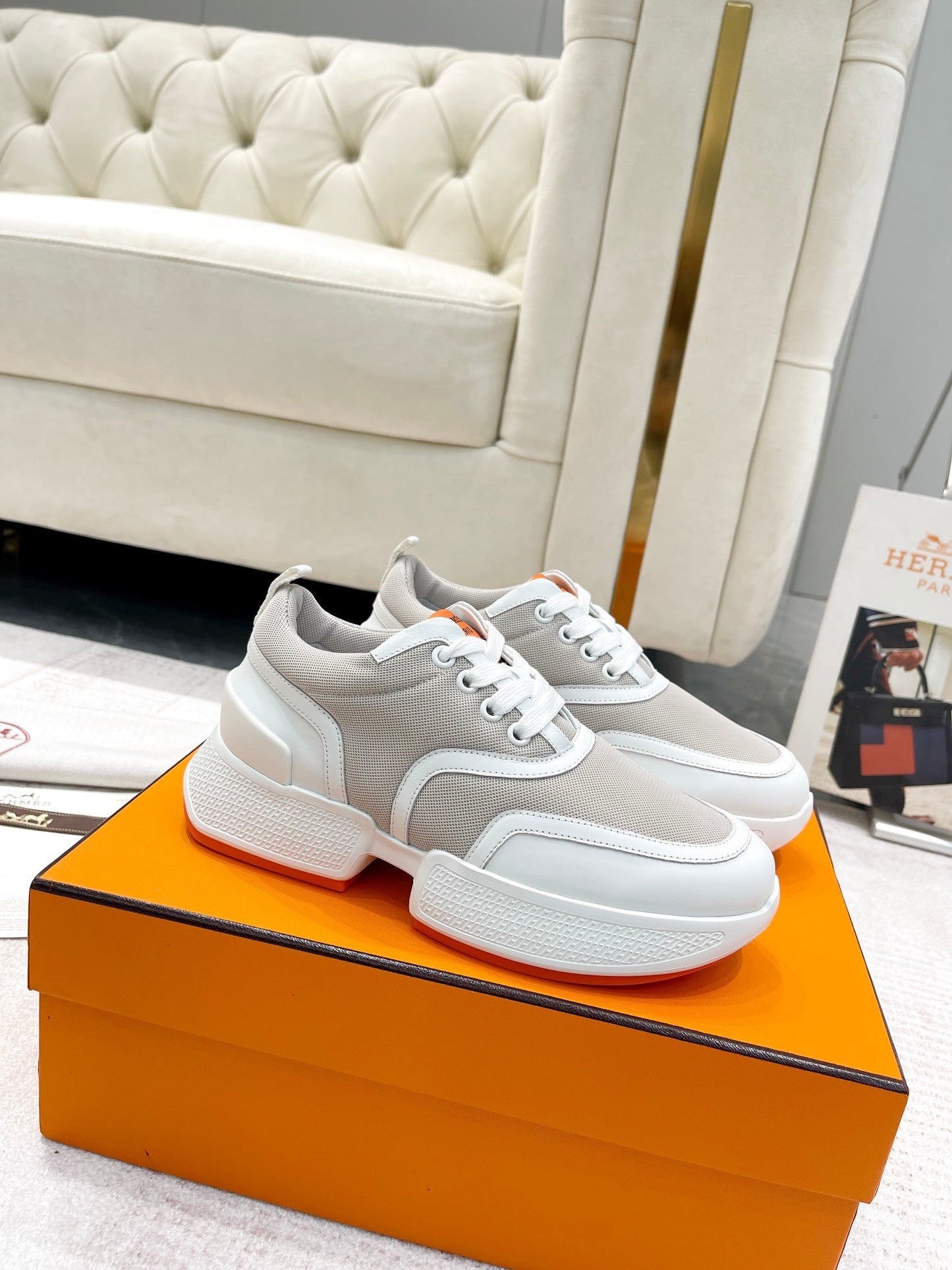 GIGA SNEAKER IN HARBOR GRAY STITCHED MESH AND WHITE CALFSKIN - 35