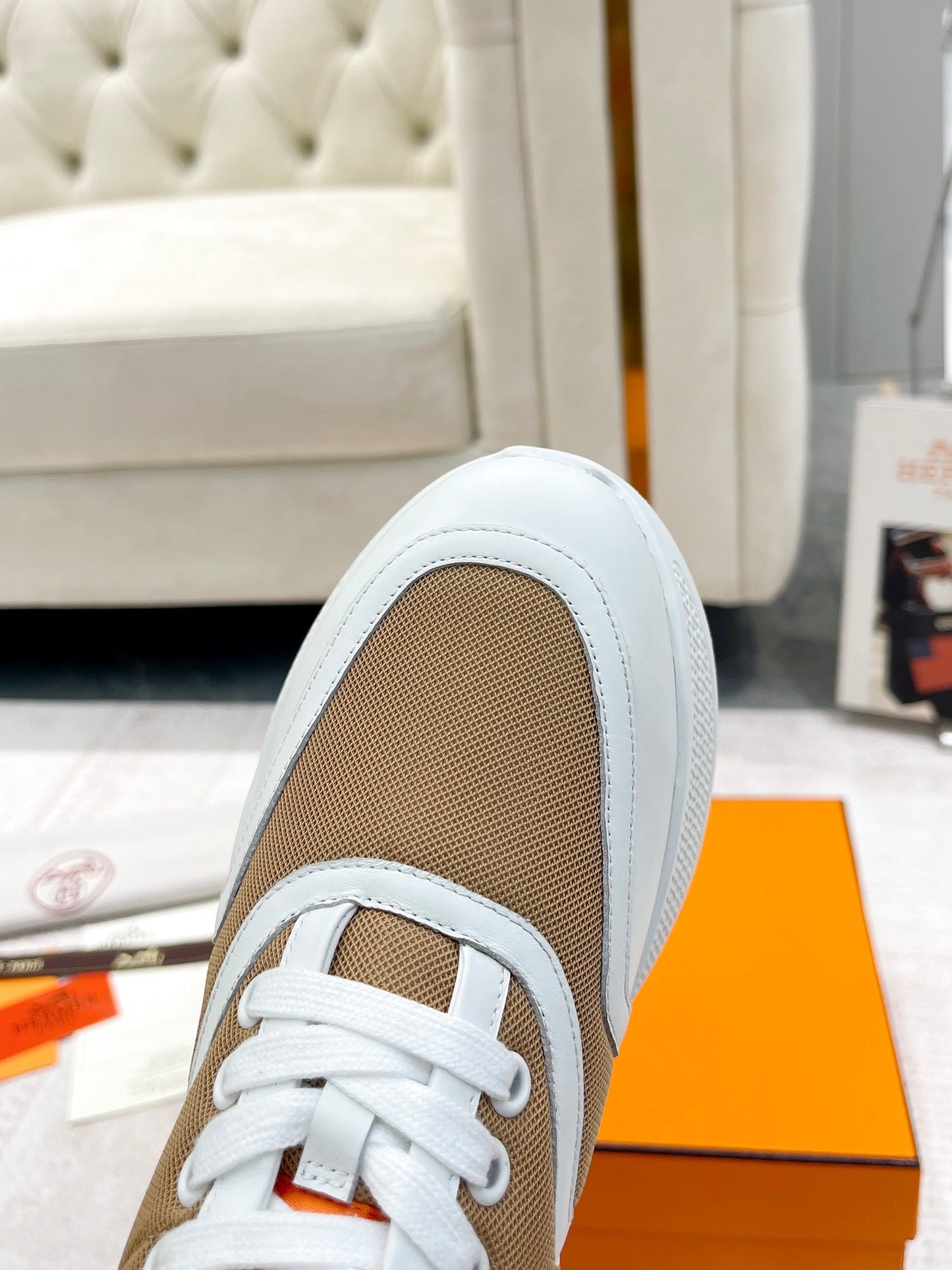 GIGA SNEAKER IN CIDER BROWN STITCHED MESH AND WHITE CALFSKIN - 35