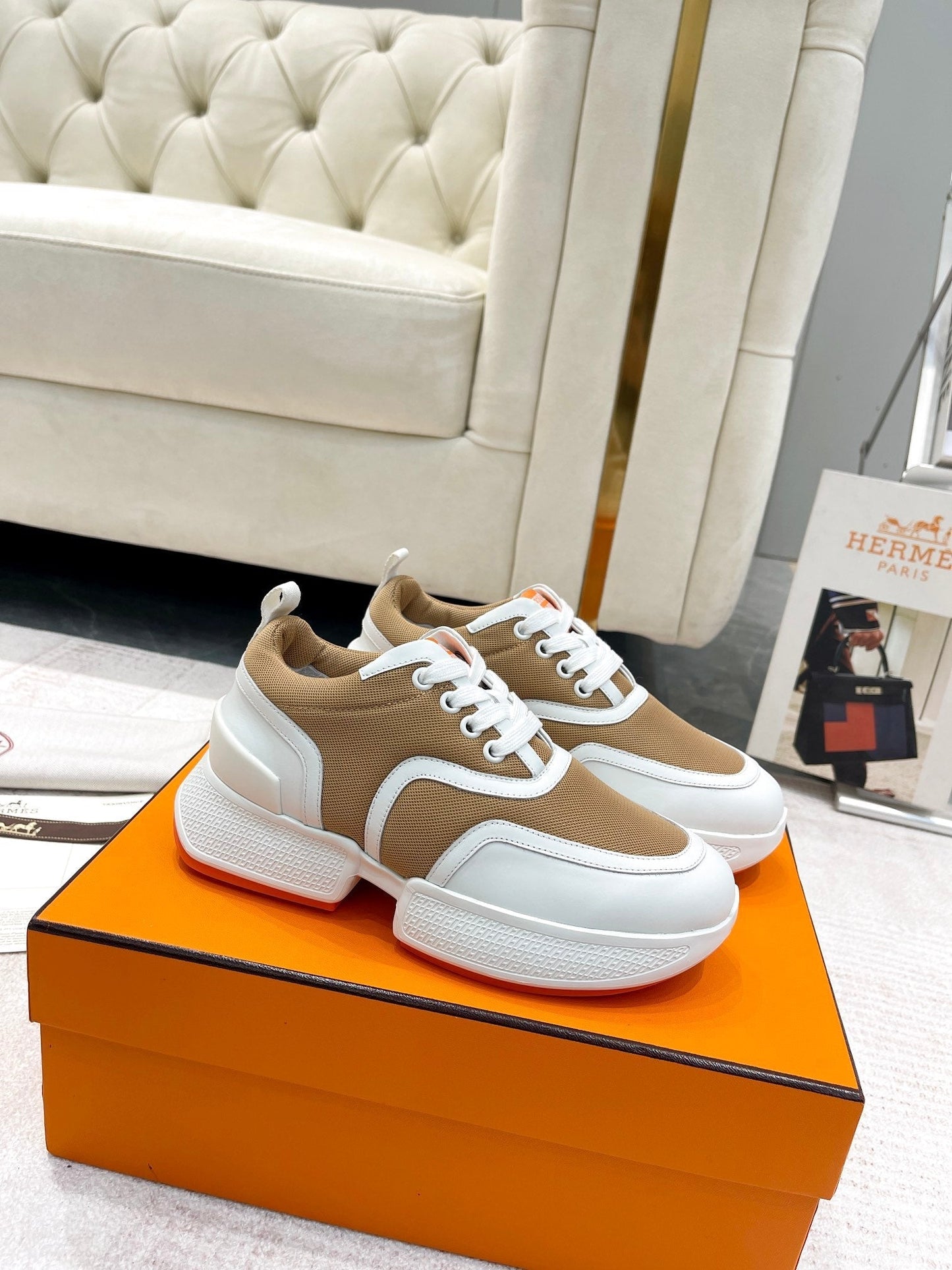 GIGA SNEAKER IN CIDER BROWN STITCHED MESH AND WHITE CALFSKIN - 35