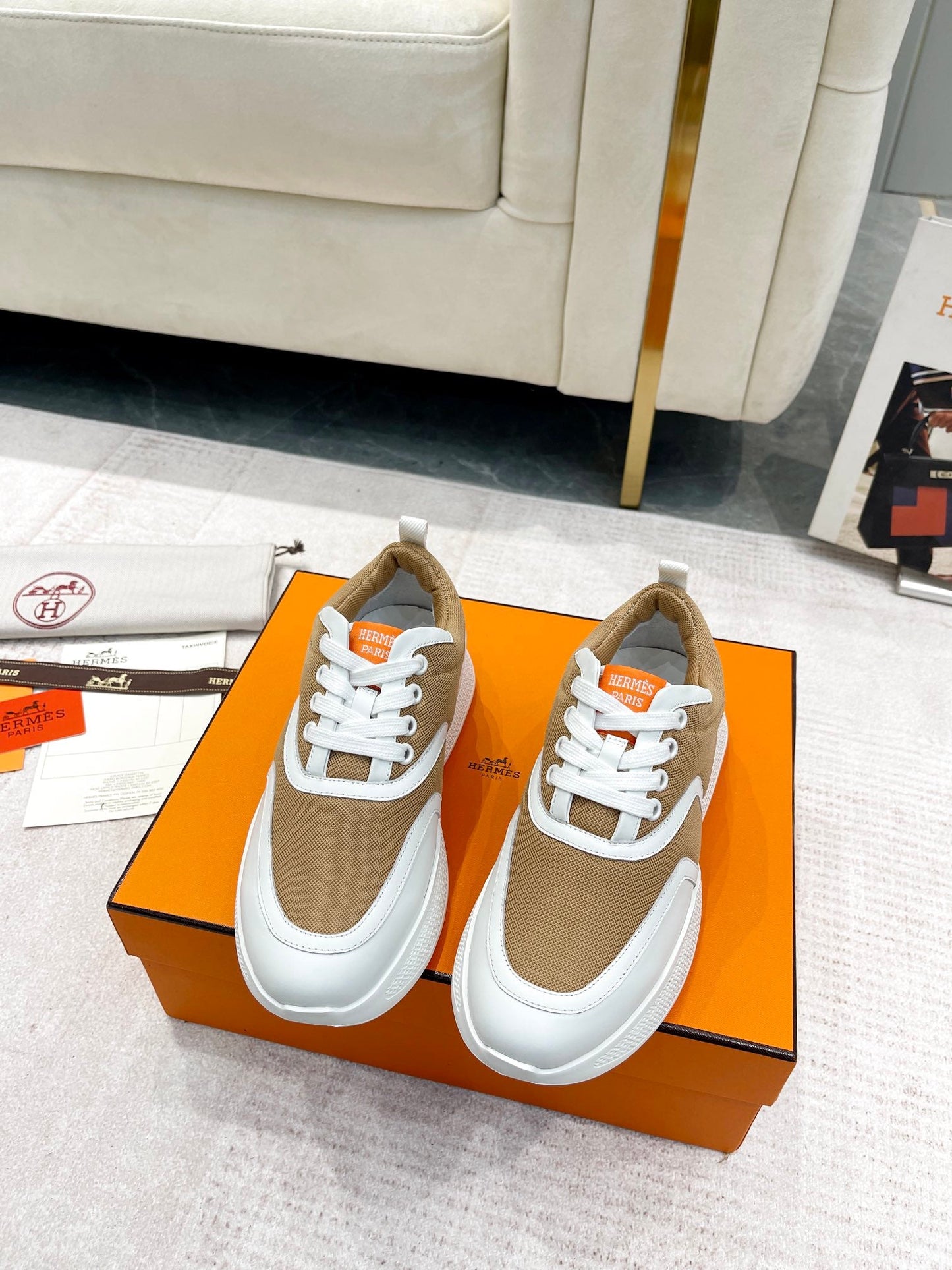 GIGA SNEAKER IN CIDER BROWN STITCHED MESH AND WHITE CALFSKIN - 35