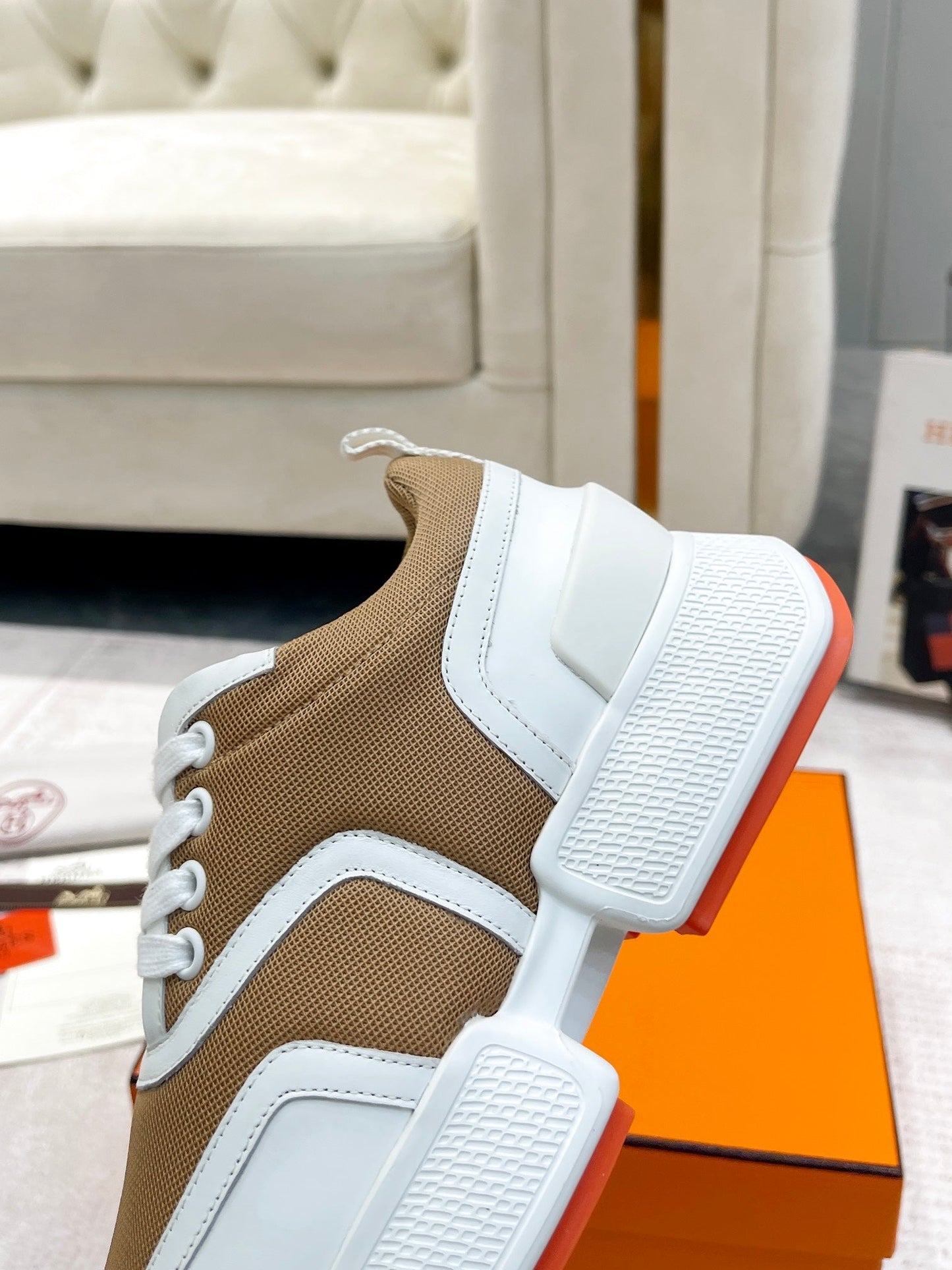 GIGA SNEAKER IN CIDER BROWN STITCHED MESH AND WHITE CALFSKIN - 35