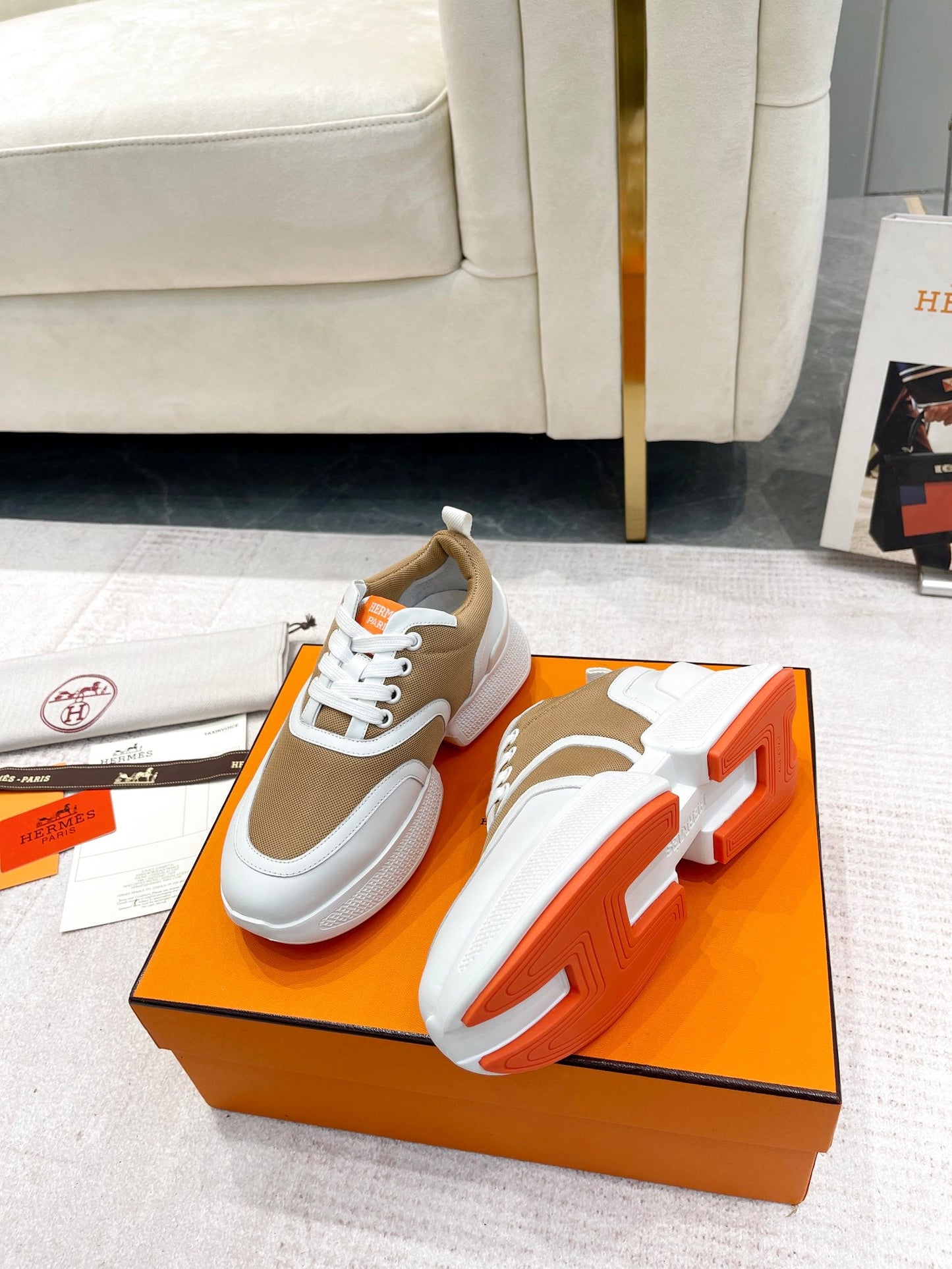 GIGA SNEAKER IN CIDER BROWN STITCHED MESH AND WHITE CALFSKIN - 35