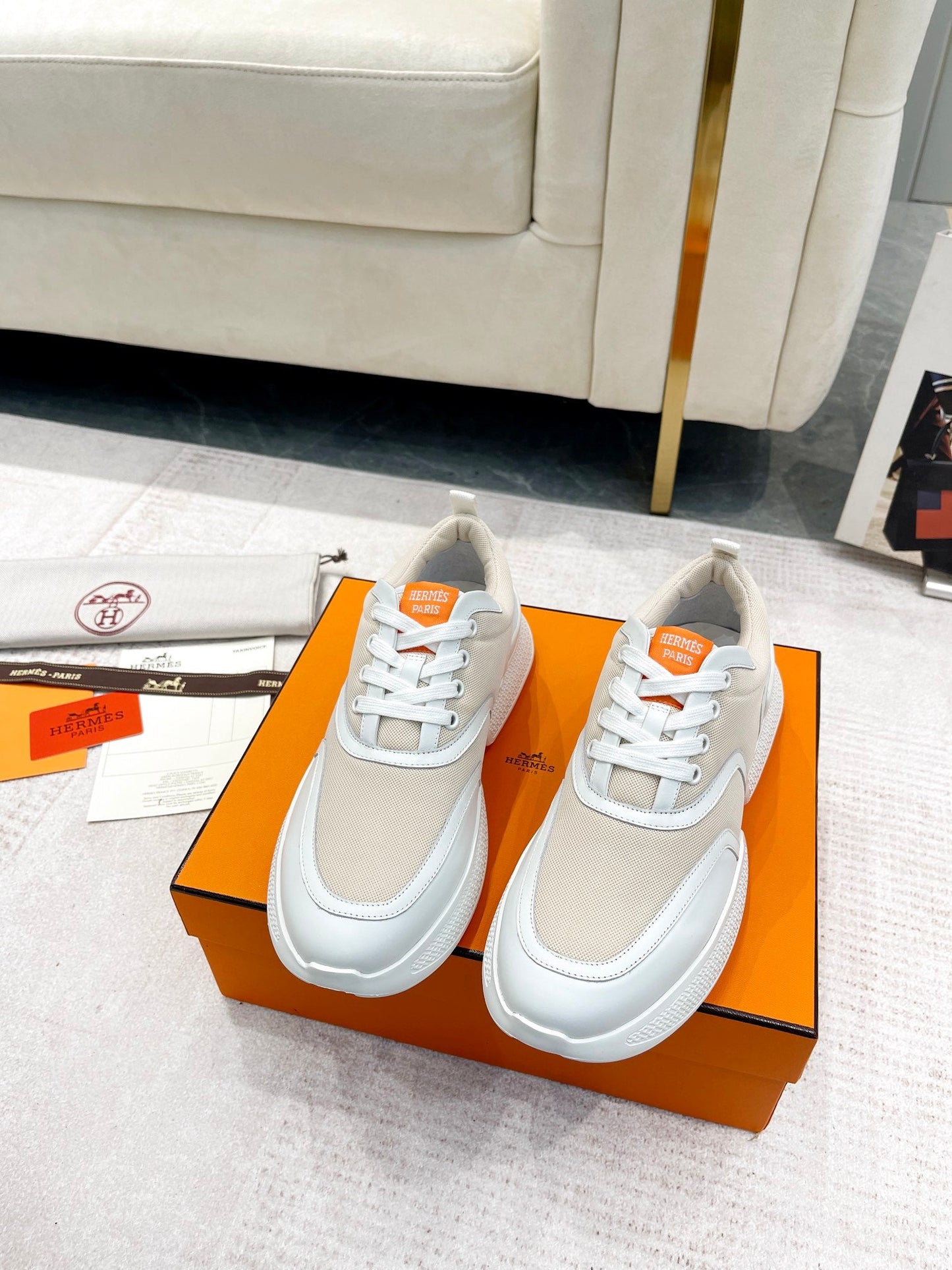 GIGA SNEAKER IN TAN BROWN STITCHED MESH AND WHITE CALFSKIN - 35