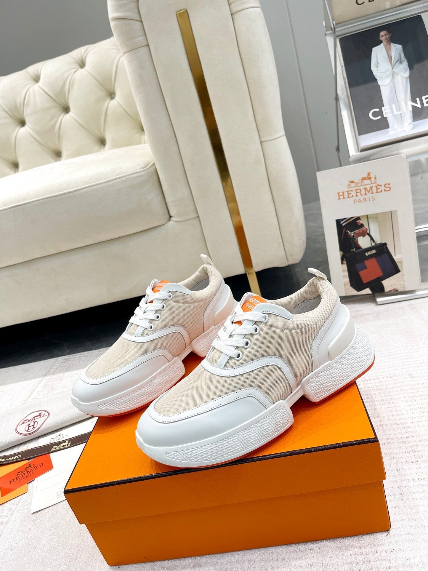 GIGA SNEAKER IN TAN BROWN STITCHED MESH AND WHITE CALFSKIN - 35