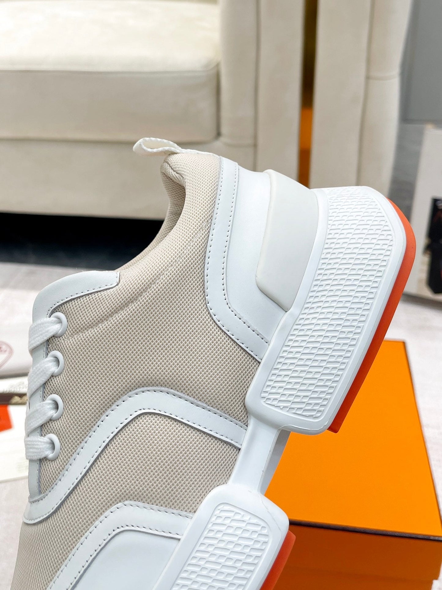 GIGA SNEAKER IN TAN BROWN STITCHED MESH AND WHITE CALFSKIN - 35