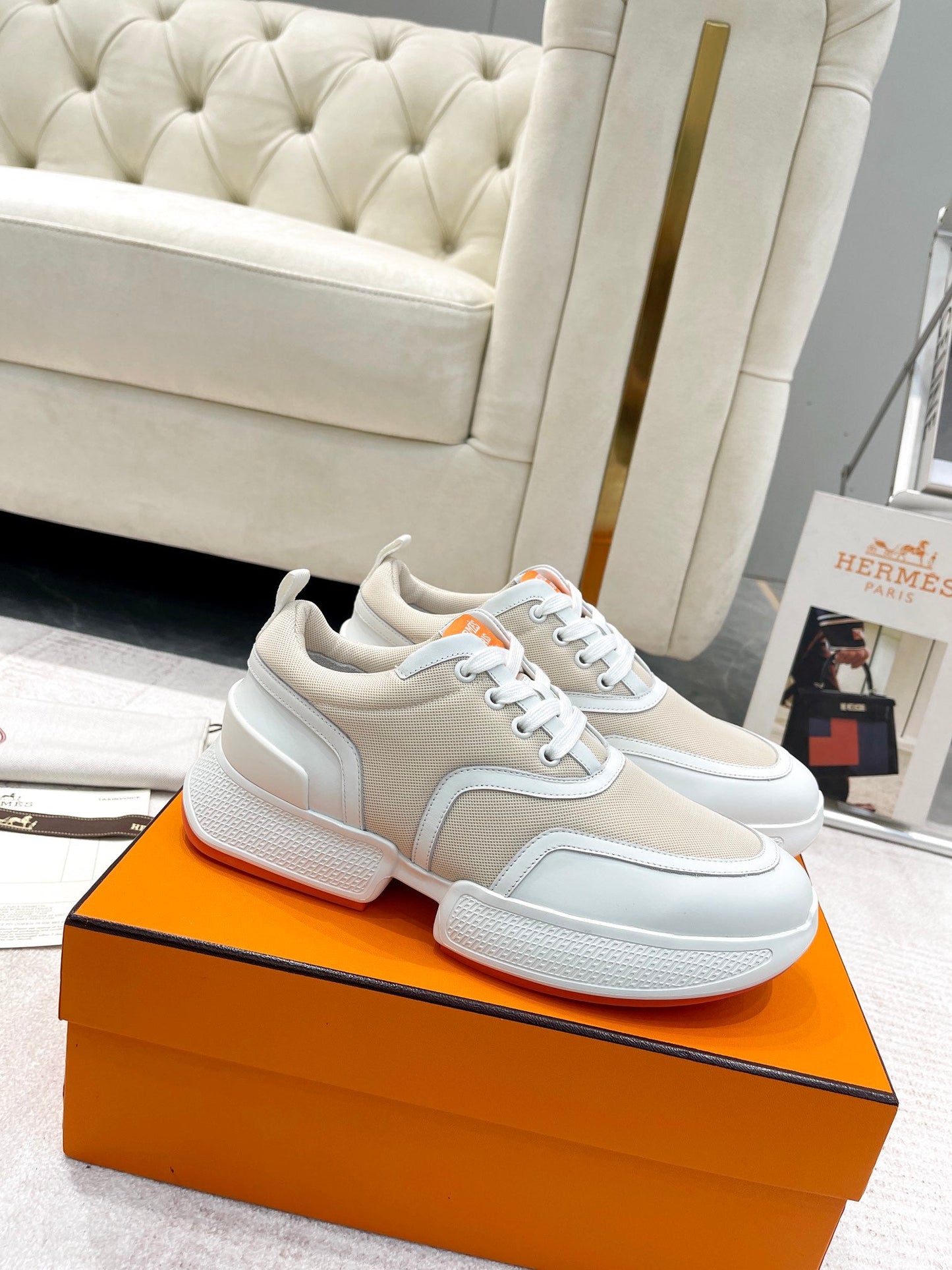GIGA SNEAKER IN TAN BROWN STITCHED MESH AND WHITE CALFSKIN - 35
