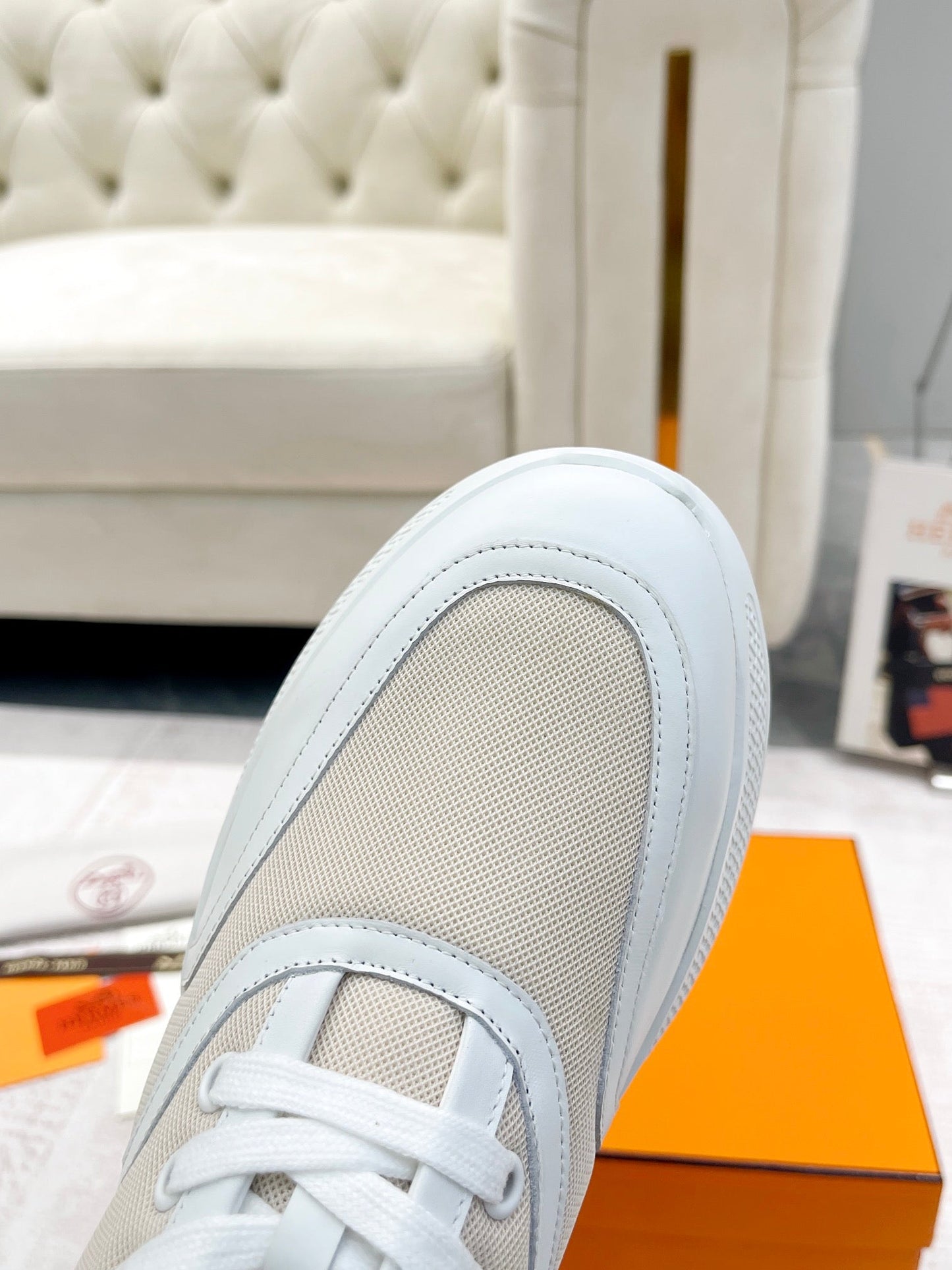 GIGA SNEAKER IN TAN BROWN STITCHED MESH AND WHITE CALFSKIN - 35