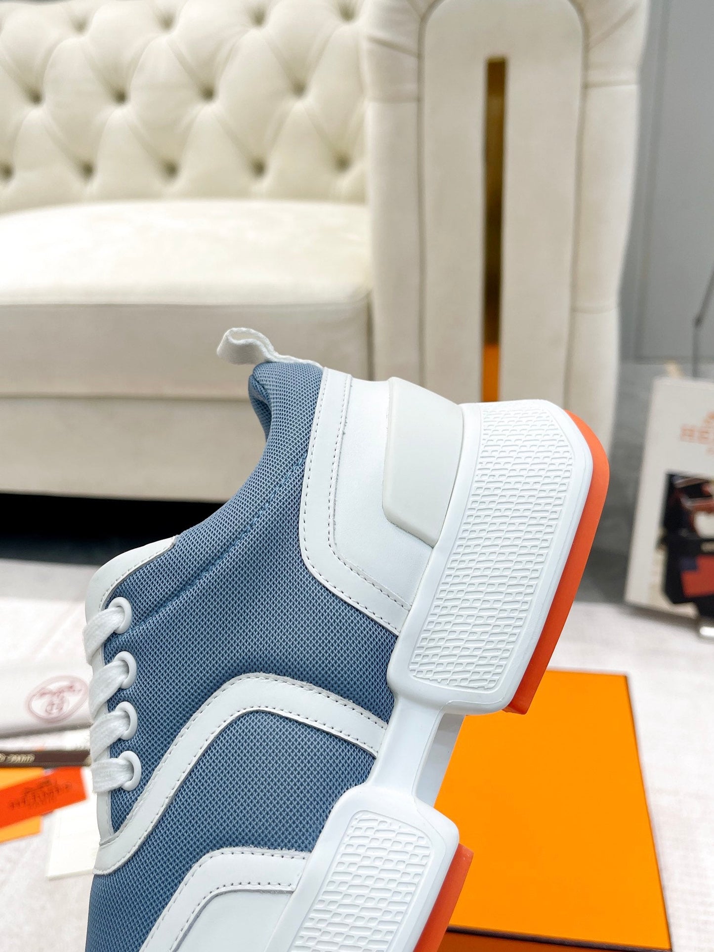 GIGA SNEAKER IN AEGEAN BLUE STITCHED MESH AND WHITE CALFSKIN - 35