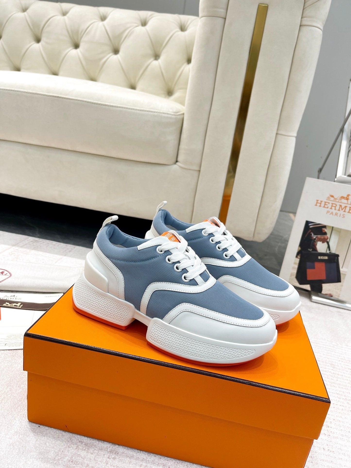 GIGA SNEAKER IN AEGEAN BLUE STITCHED MESH AND WHITE CALFSKIN - 35