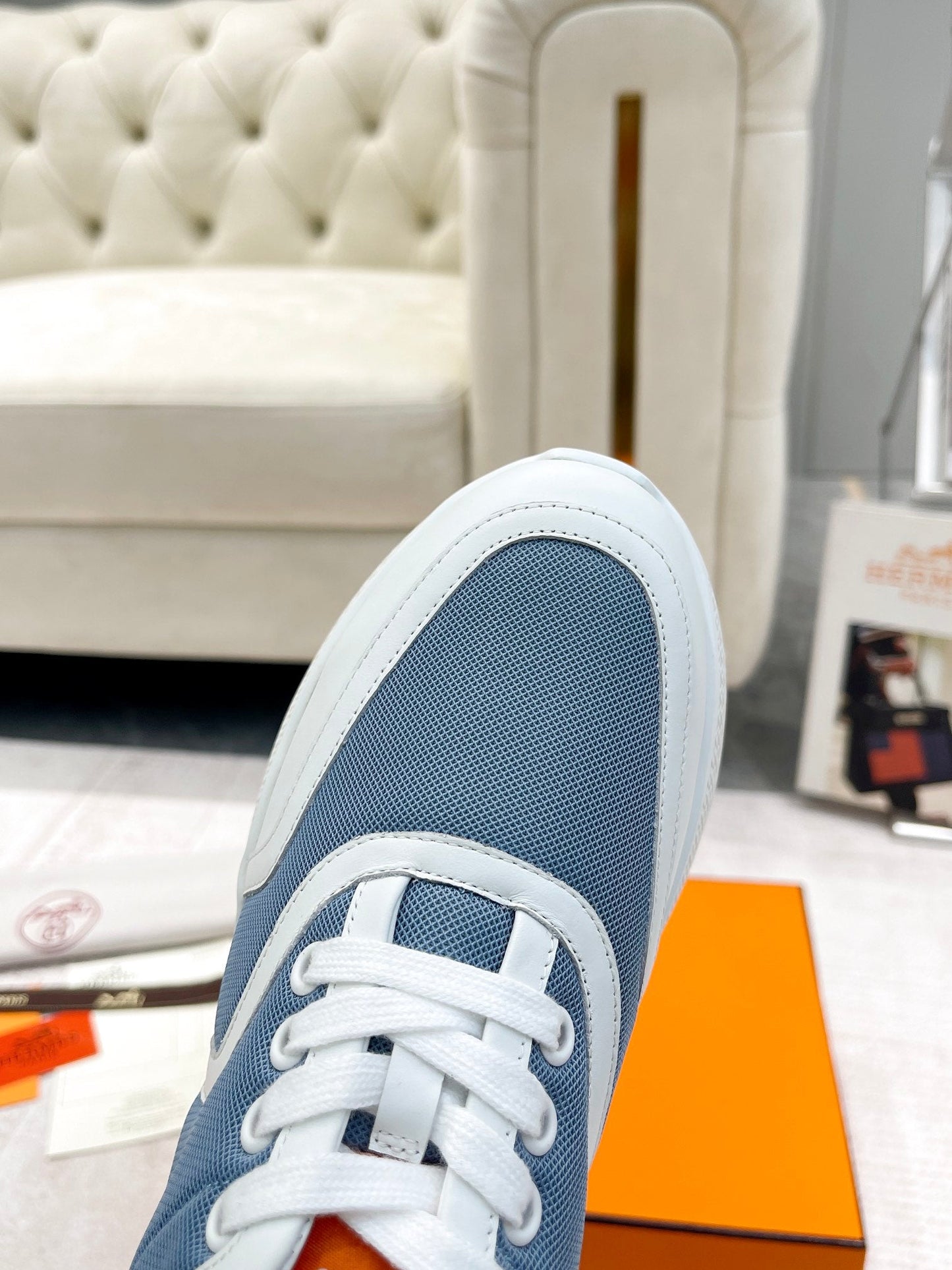 GIGA SNEAKER IN AEGEAN BLUE STITCHED MESH AND WHITE CALFSKIN - 35
