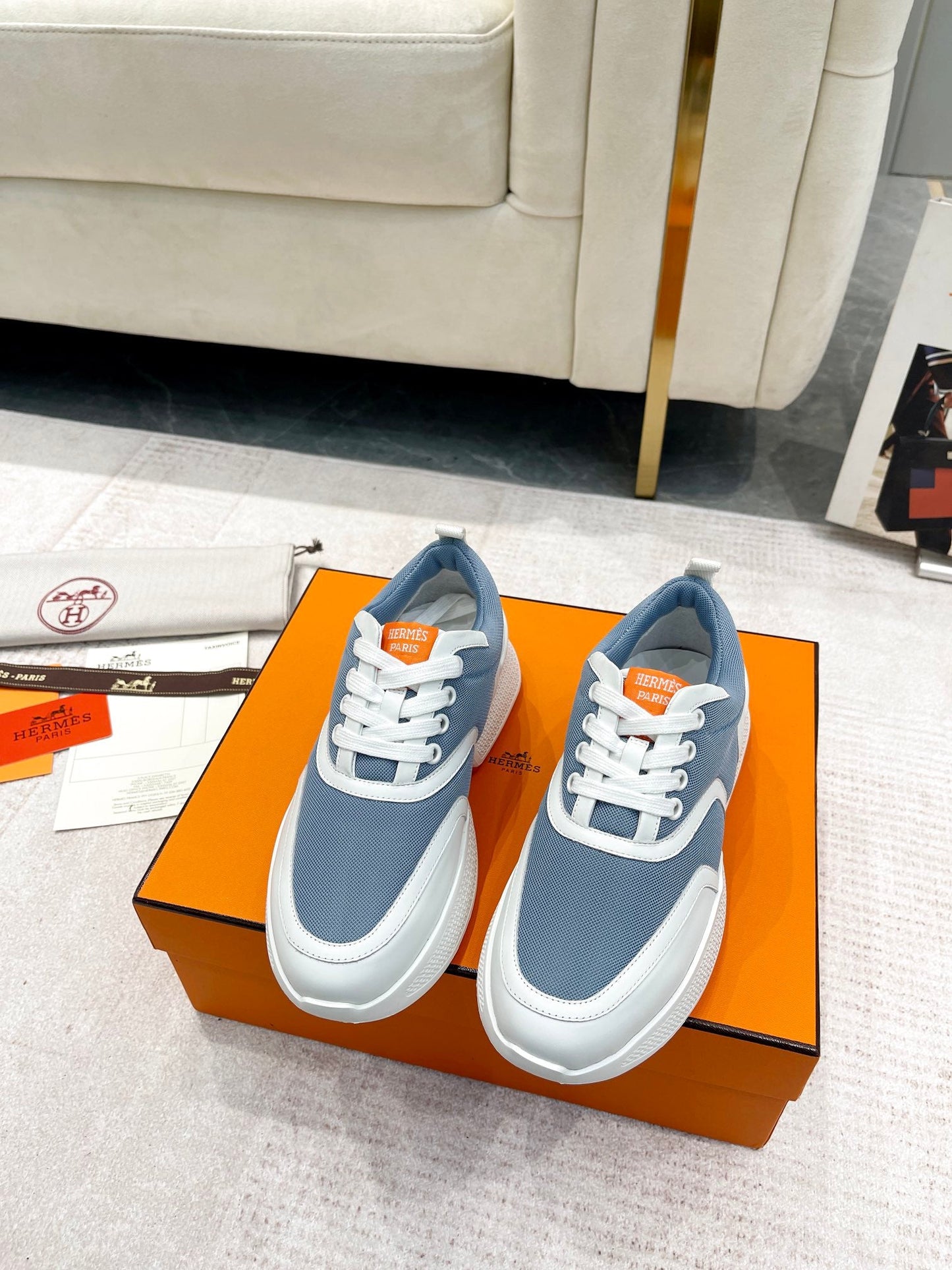 GIGA SNEAKER IN AEGEAN BLUE STITCHED MESH AND WHITE CALFSKIN - 35