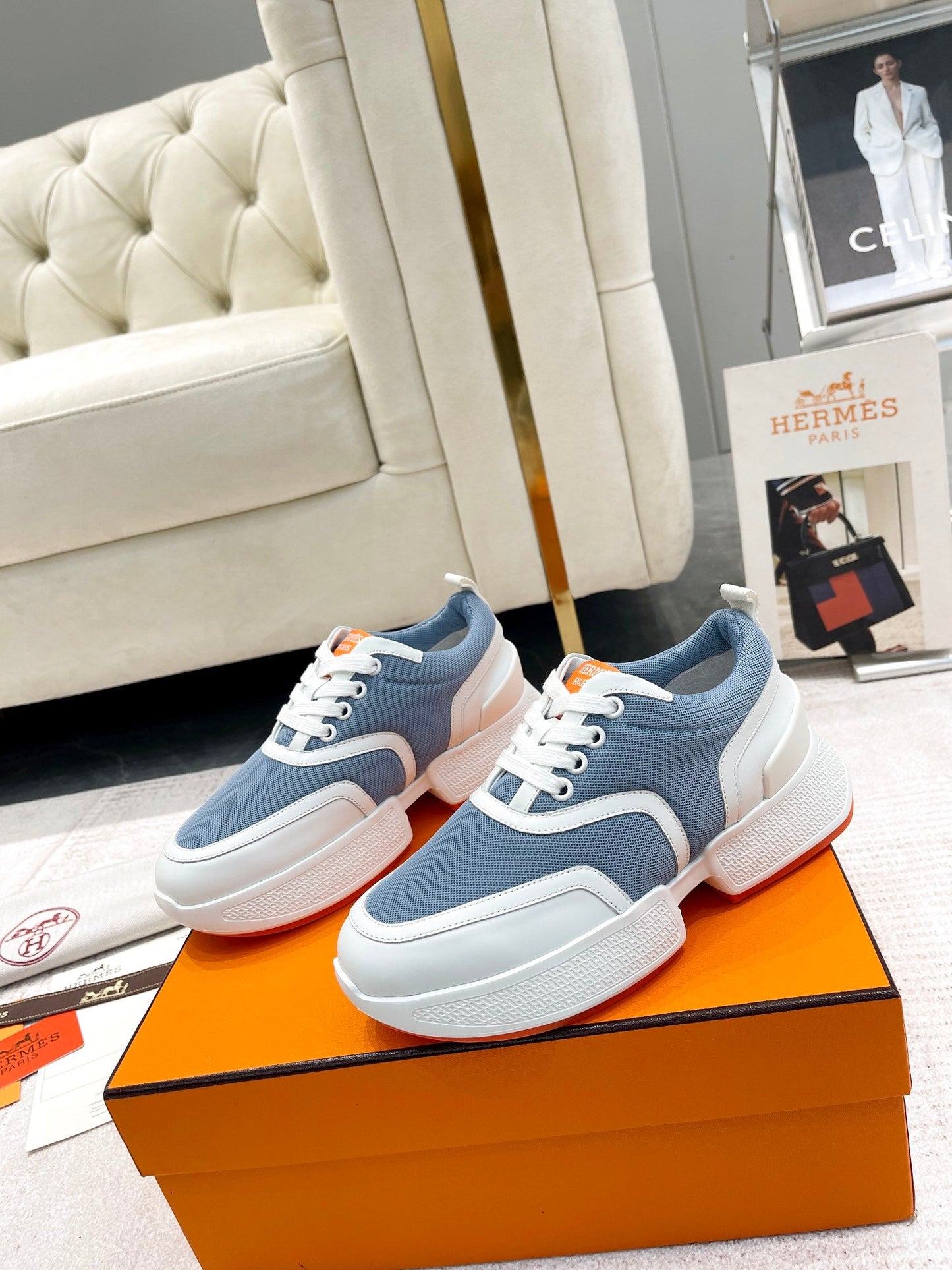 GIGA SNEAKER IN AEGEAN BLUE STITCHED MESH AND WHITE CALFSKIN - 35