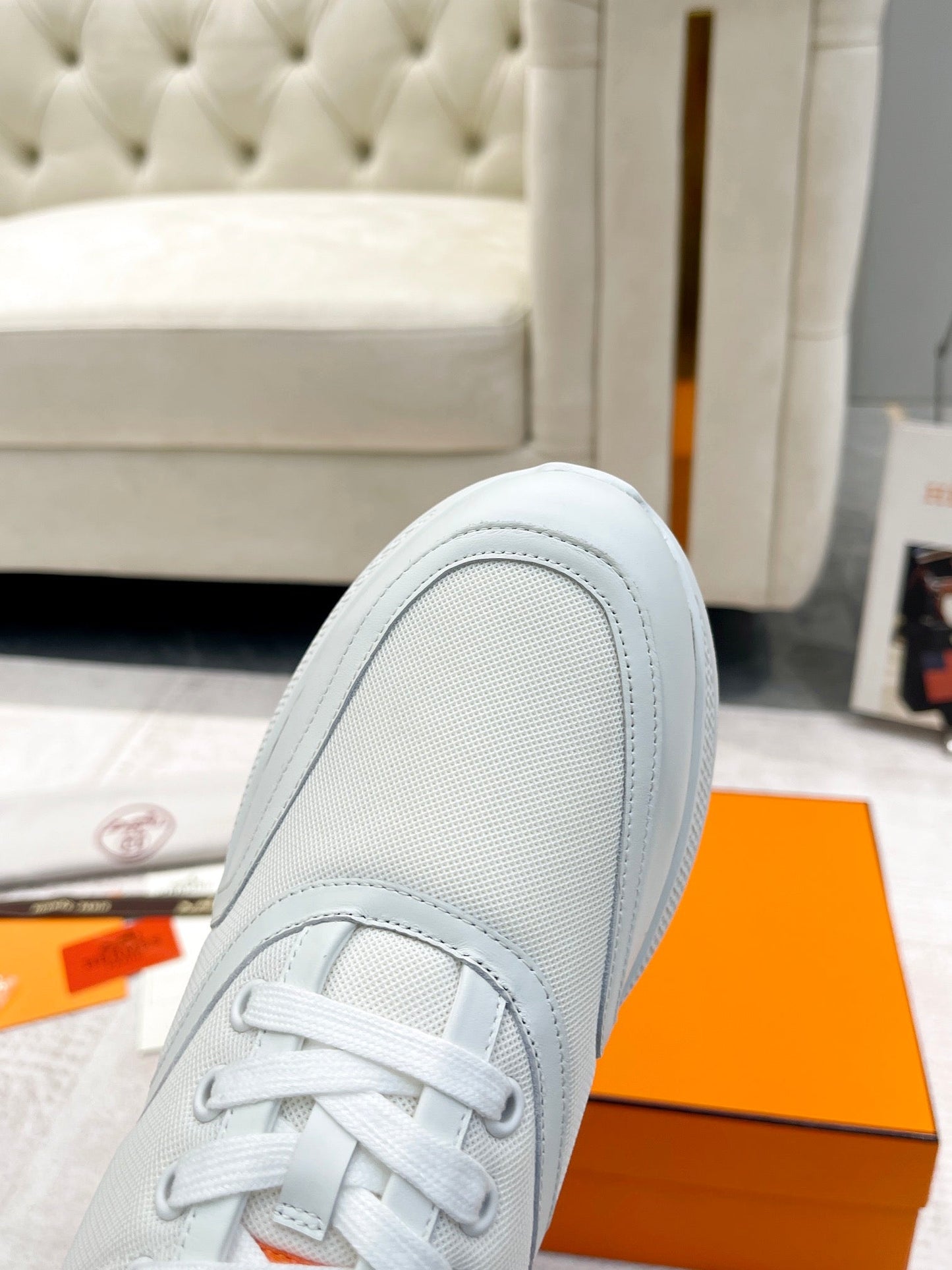 GIGA SNEAKER IN WHITE CREAM STITCHED MESH AND CALFSKIN - 35