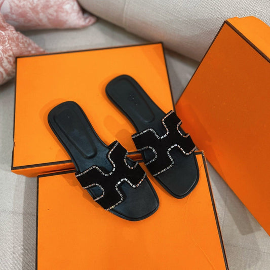 0ran Sandal Calfskin Rhinestone Black - 35