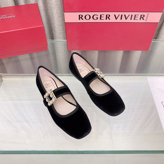 TRÈS VIVIER MARY JANE IN BLACK VELVET CRYSTAL BUCKLE - 34