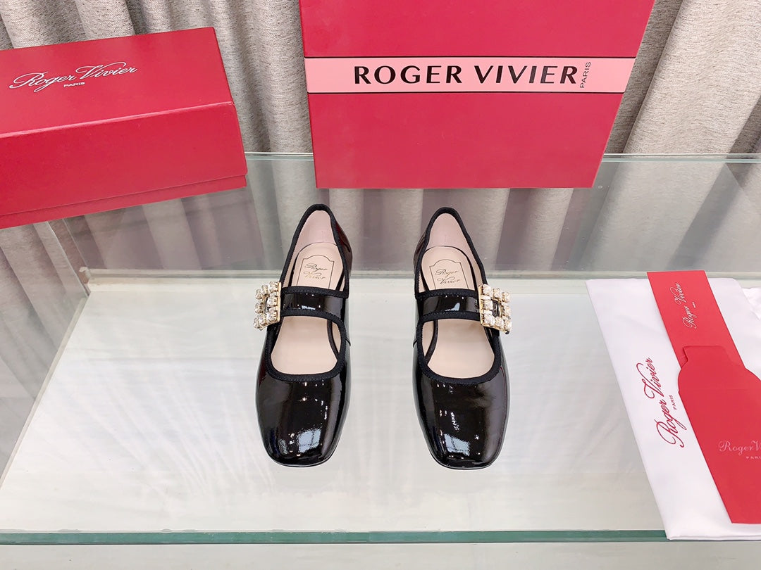 TRÈS VIVIER MARY JANE BLACK PATENT CALFSKIN CRYSTAL BUCKLE - 34