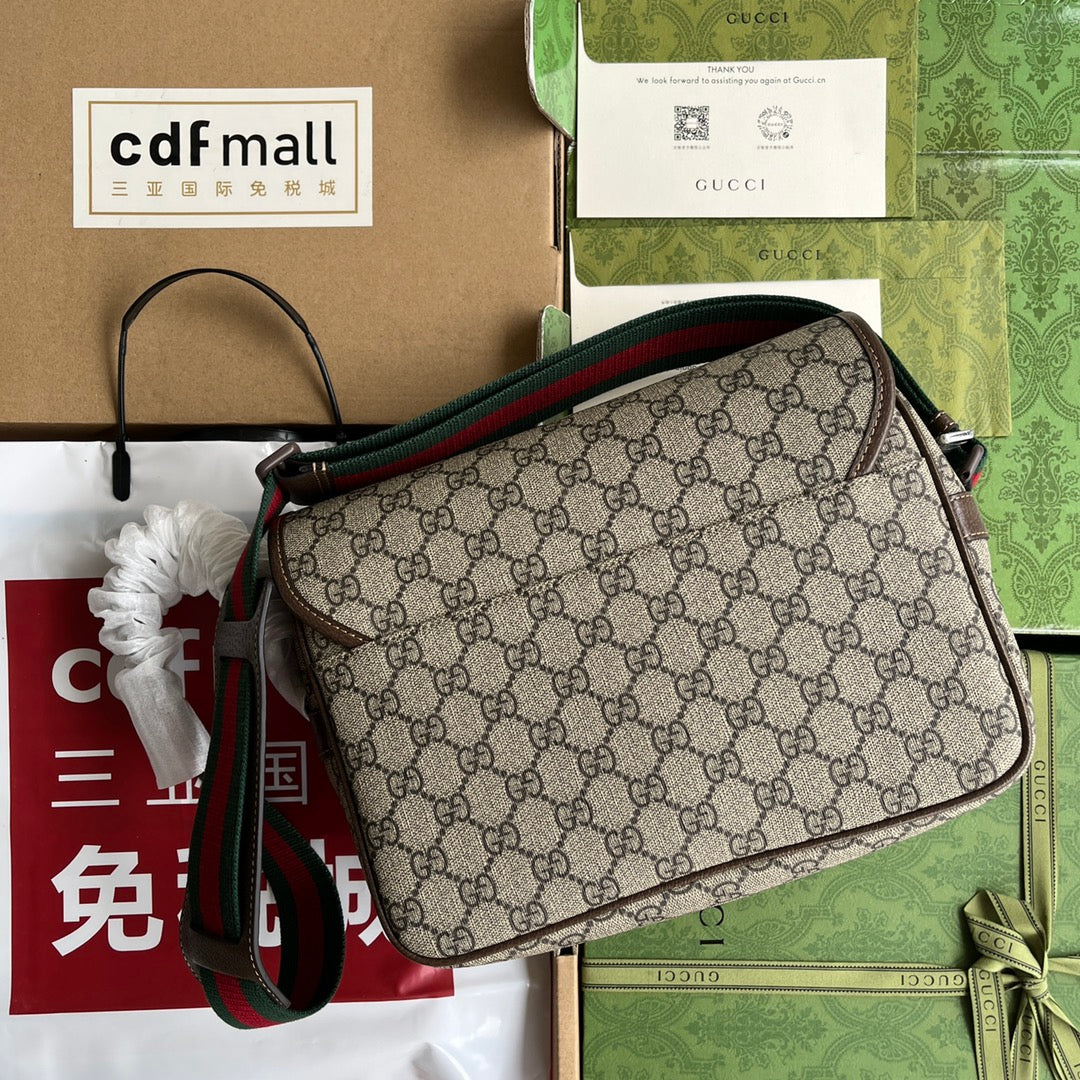 OPHIDIA MEDIUM MESSENGER BAG 27 IN BEIGE AND EBONY GG CALFSKIN GREEN RED WEB STRIPE CANVAS