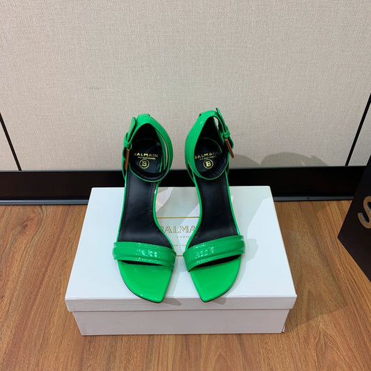 BALMAIN 25S SQUARE STRAP HIGH HEELS 100MM IN GREEN PATENT CALFSKIN - 36