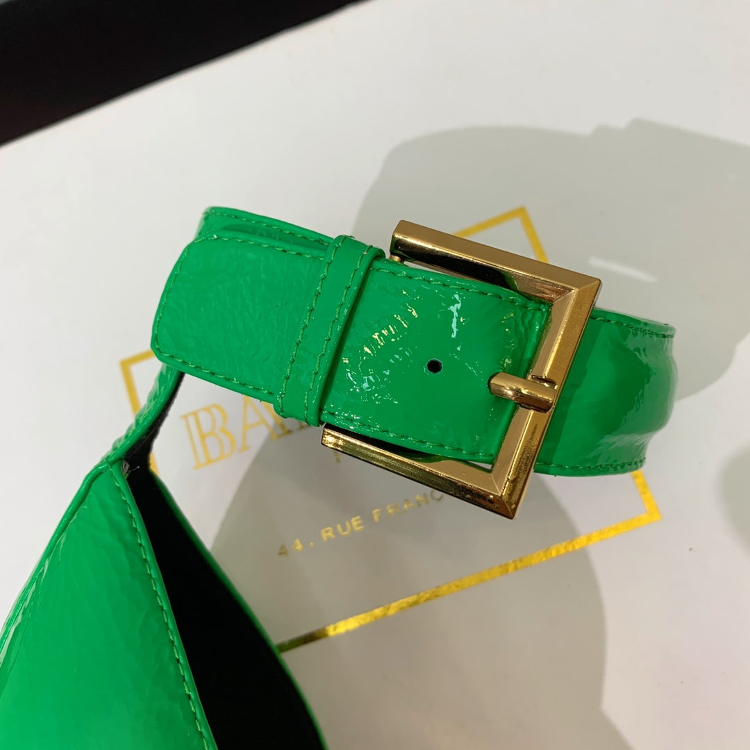 BALMAIN 25S SQUARE STRAP HIGH HEELS 100MM IN GREEN PATENT CALFSKIN - 36