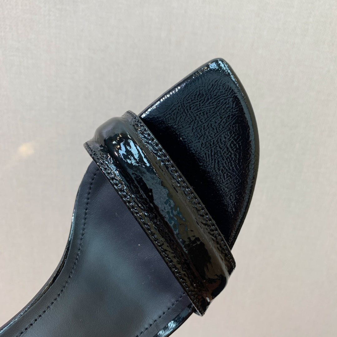 BALMAIN 25S SQUARE STRAP HIGH HEELS 100MM IN BLACK PATENT CALFSKIN - 36