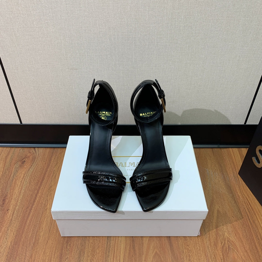 BALMAIN 25S SQUARE STRAP HIGH HEELS 100MM IN BLACK PATENT CALFSKIN - 36