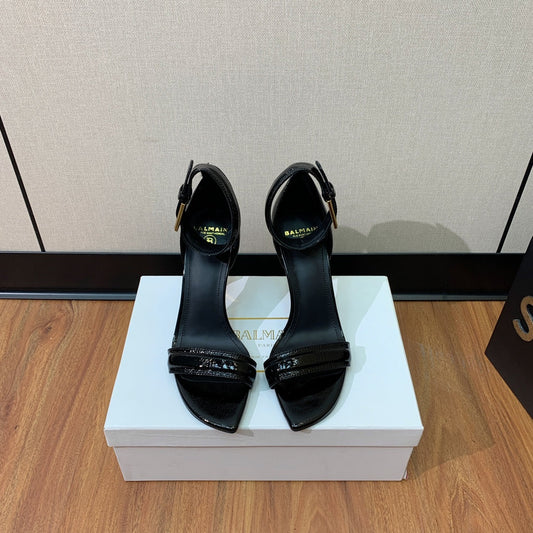 BALMAIN 25S SQUARE STRAP HIGH HEELS 100MM IN BLACK PATENT CALFSKIN - 36