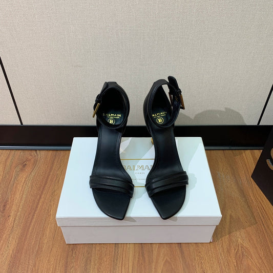 BALMAIN 25S SQUARE STRAP HIGH HEELS 100MM IN BLACK CALFSKIN - 36