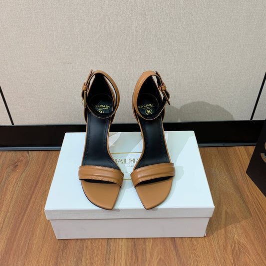 BALMAIN 25S SQUARE STRAP HIGH HEELS 100MM IN CARAMEL CALFSKIN - 36