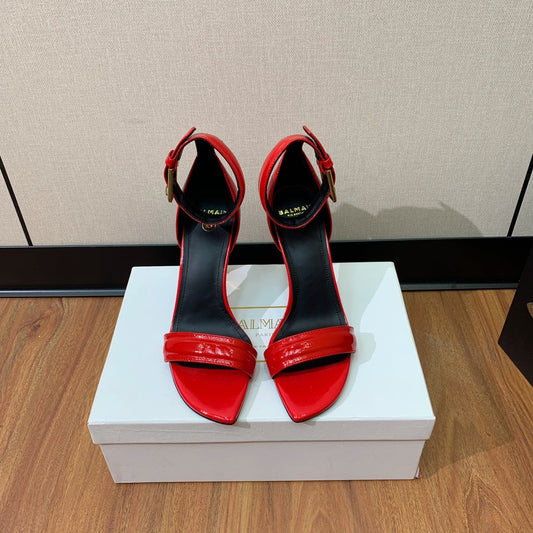 BALMAIN 25S SQUARE STRAP HIGH HEELS 100MM IN RED PATENT CALFSKIN - 36