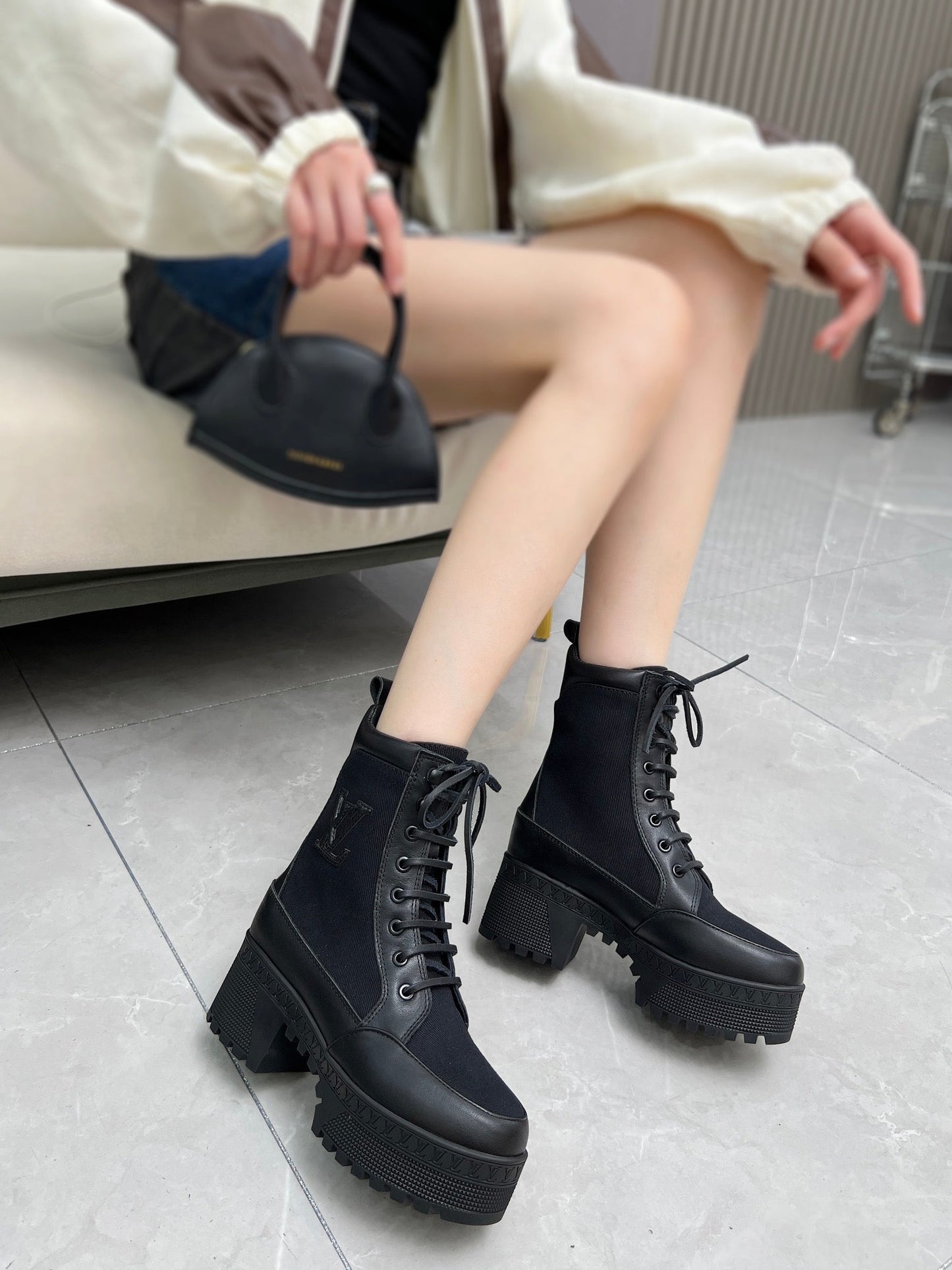 LAUREATE PLATFORM DESERT BOOT IN BLACK JACQUARD AND CALFSKIN - 35