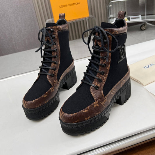 LAUREATE PLATFORM DESERT BOOT IN BLACK JACQUARD AND CHOCOLATE BROWN CALFSKIN - 35
